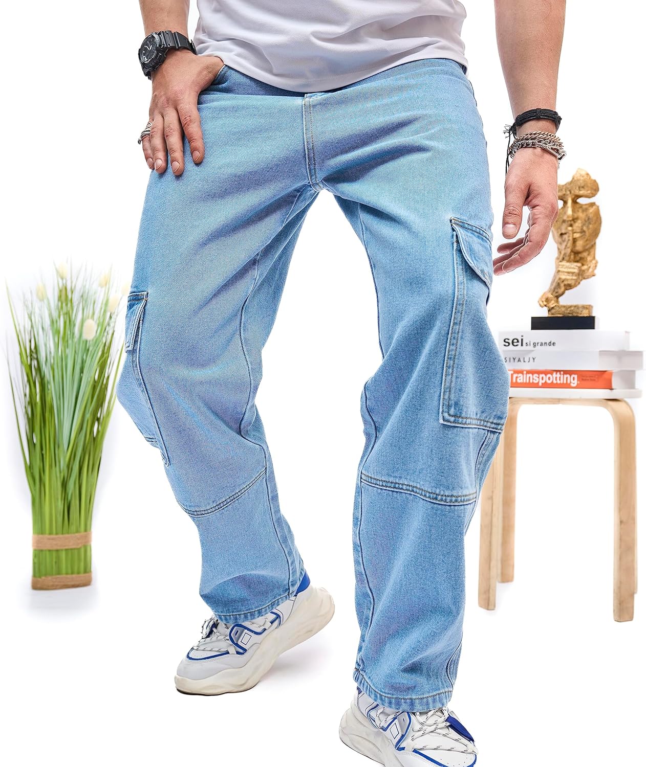 WEIBUMAOYI Men's Wide-Leg Jeans Straight Leg Carpenter Denim Pants Loose fit Trousers - Image 4