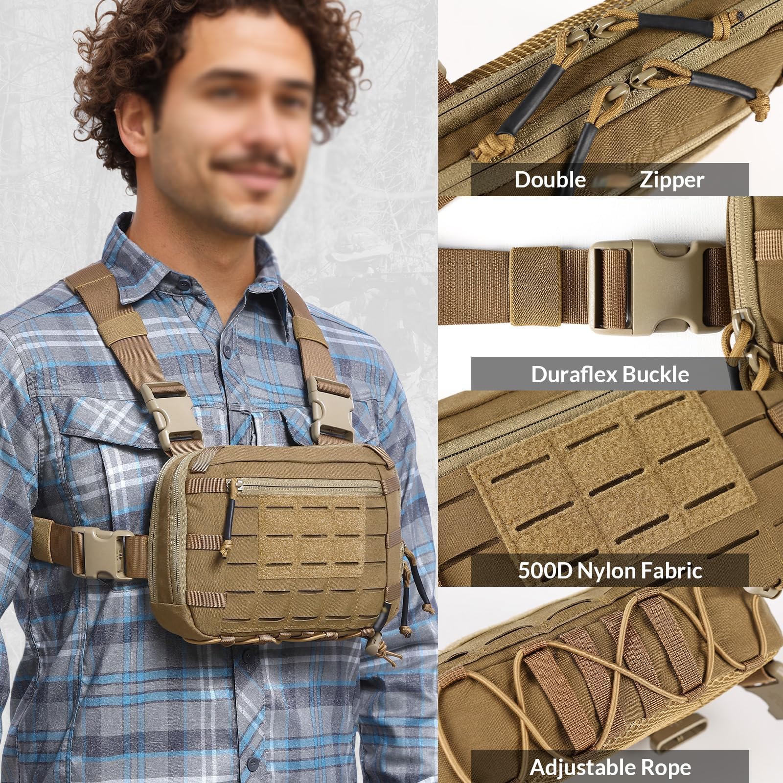 WLXW Taktische EDC-Brusttasche 2L Utility Molle Chest Rig Tasche Mit CCW-Fach Verstellbarer Gurt Für CS Jagd Airsoft Outdoor(TAN)