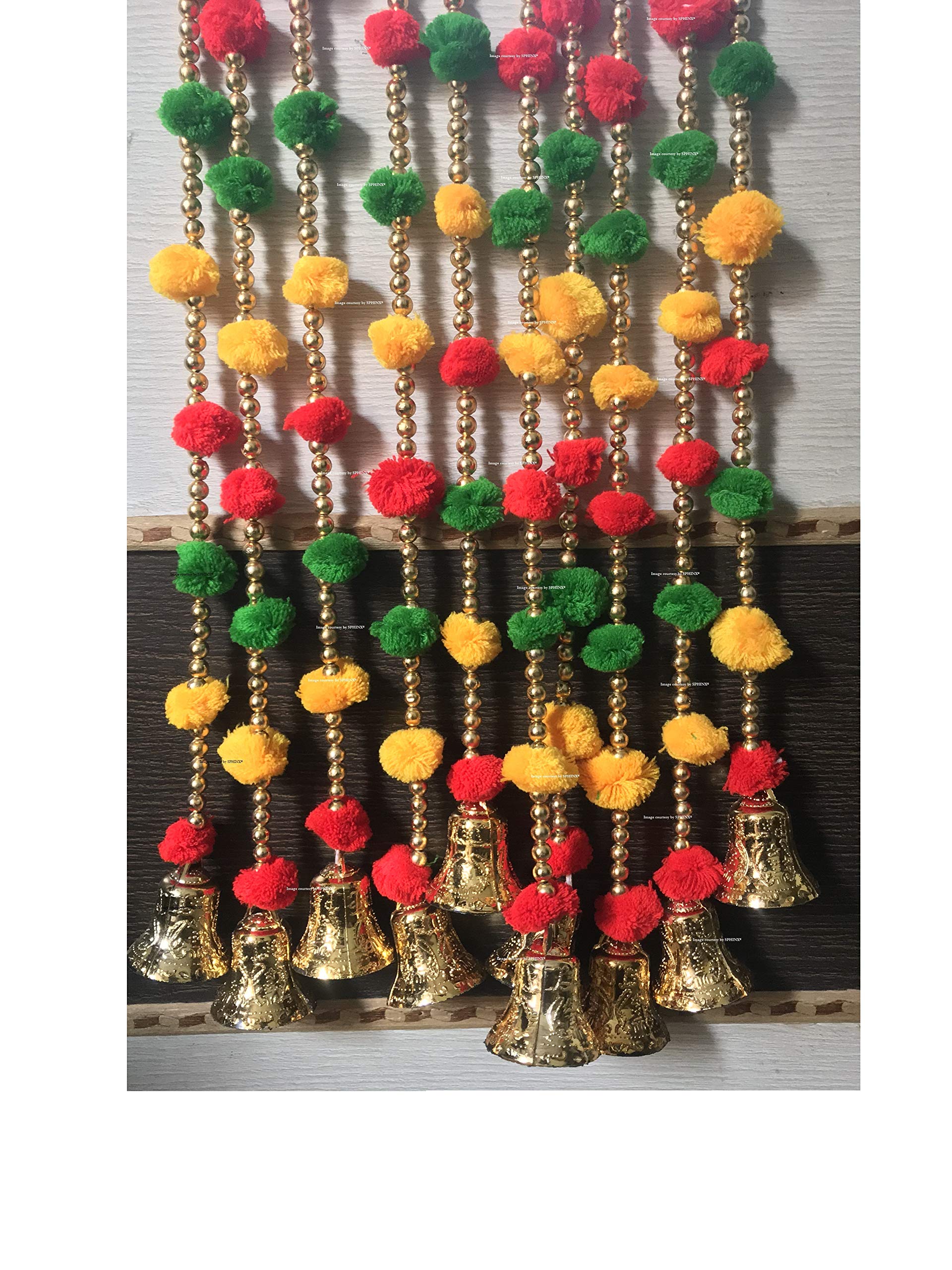 SPHINX® Pom-poms beads & golden hanging bells strings/garlands/torans/wall hangings for decoration ( Approx 4.8 ft) - Pack of (2)