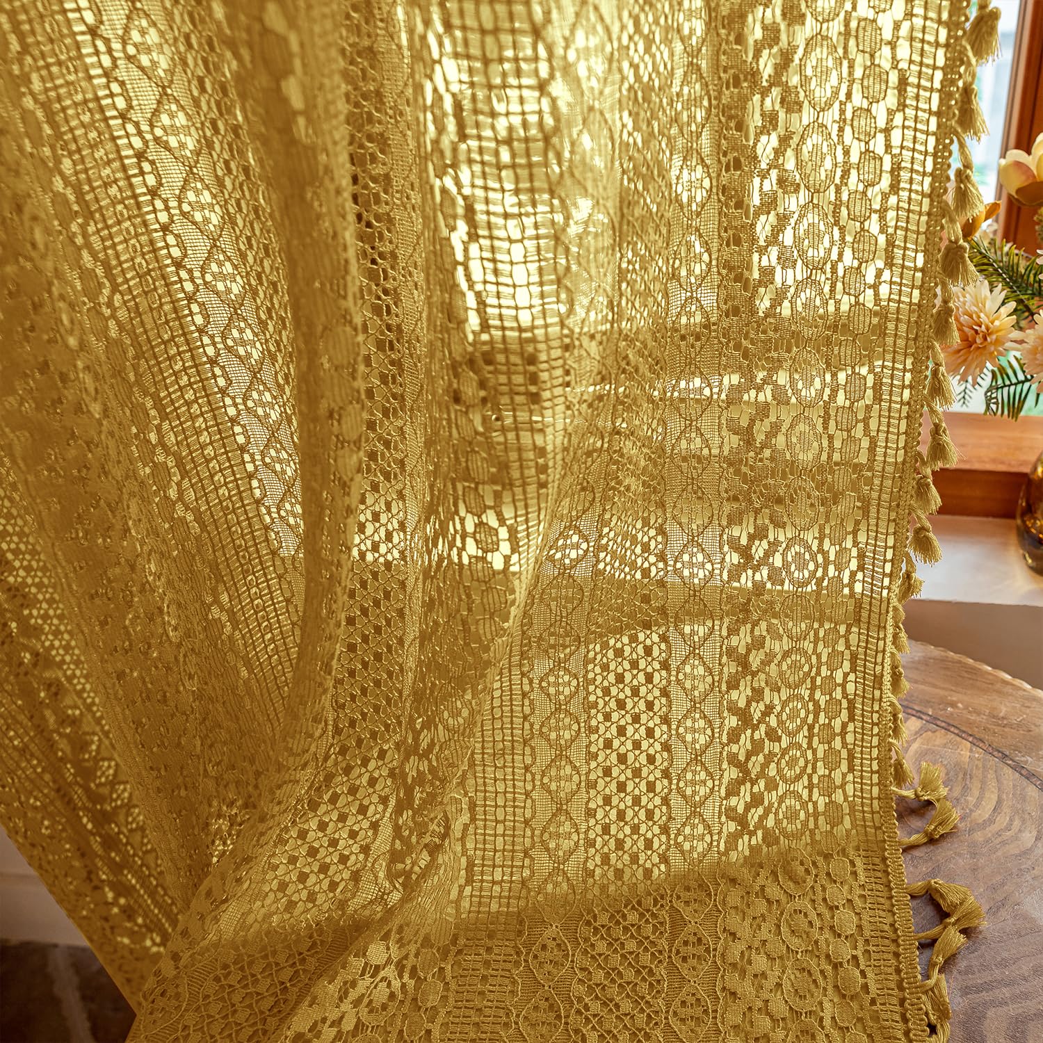 WAZZIO Mustard Yellow Lace Curtains 84 Inches Long 2 Panel,Rod Pocket Light Filtering Crochet Decorative Sheer Drapes Boho Farmhouse Cottage Spring Fall Cute Tassel Curtain for Bedroom Living Room — image 1