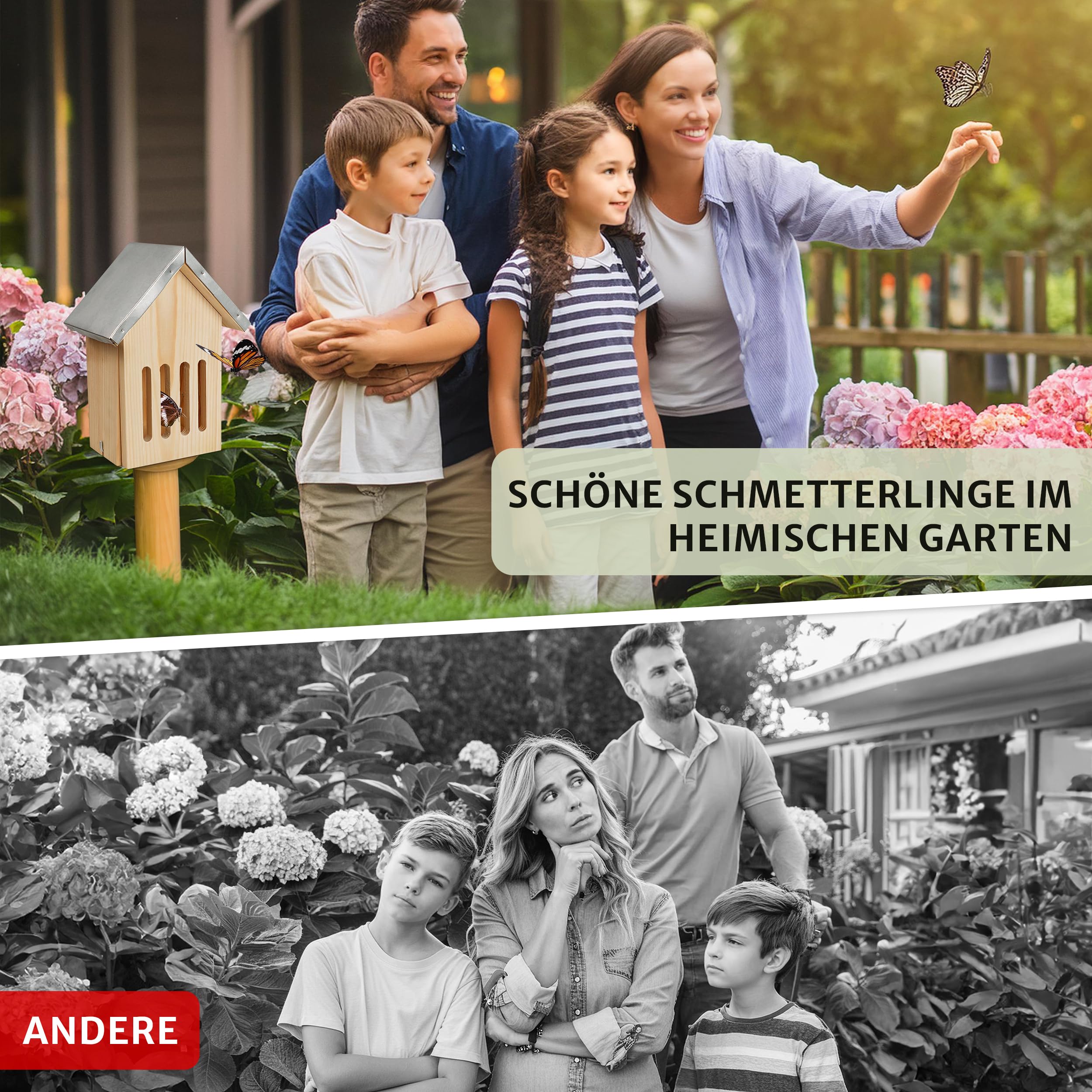 Oramics Schmetterlingshaus aus Kiefernholz mit wetterfestem Metall Dach [Made in Europe] Schmetterlingshotel für Garten und Balkon – Schmetterling Kasten Insektenhotel zum Züchten oder zur Aufzucht