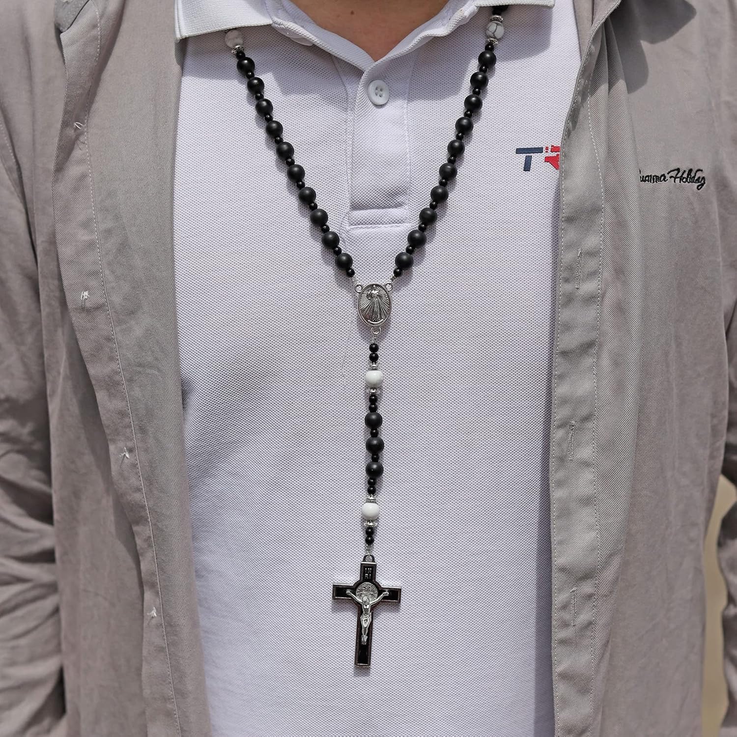 HANDMADE Catholic 8mm Beads Rosary for Men Wearable Large Black Rosary Necklace with Miraculous Medal Rosaries Catholic Gifts - Image 5