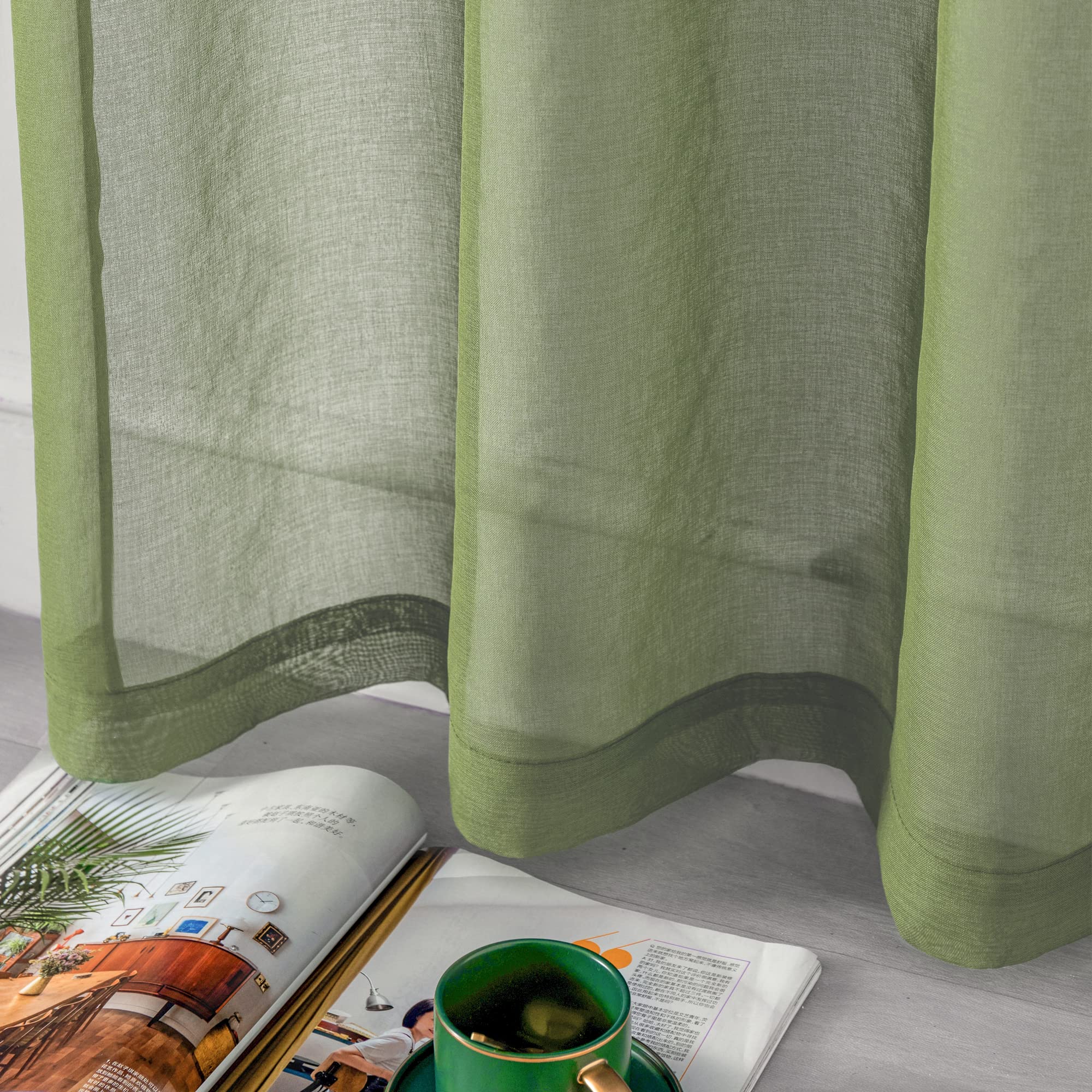 Dualife Tende semi-trasparenti verde salvia 274 cm di lunghezza, tende in finta lino per soggiorno, camera da letto, cucina, bagno, pannelli in voile per privacy, 132 x 274 cm, set di 2