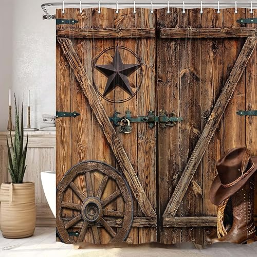 Miniatura 16 de Cortina de ducha rústica con diseño de puerta de granero para baño, cortinas de decoración de baño con tablero de madera de campo retro, conjuntos