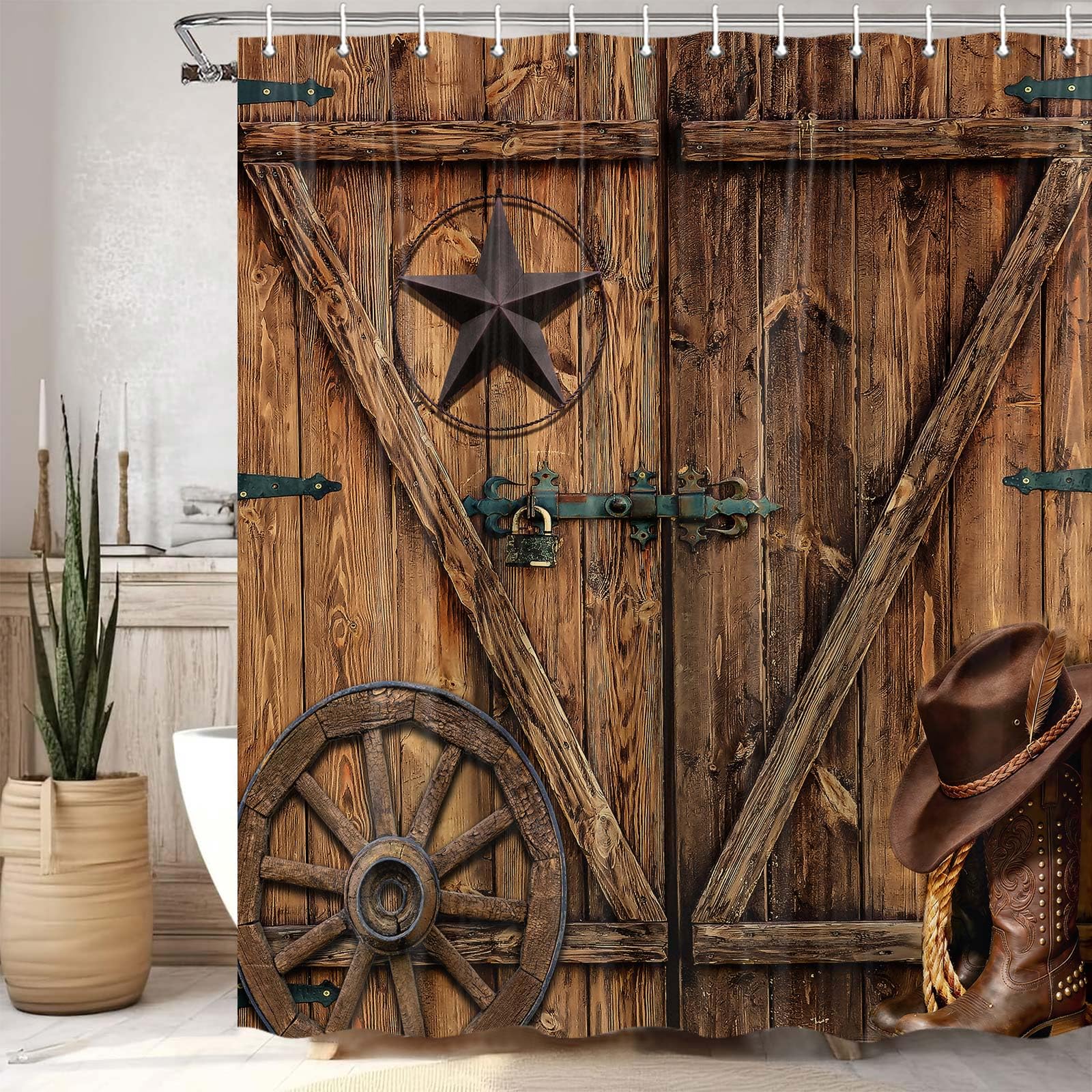 Jipusai Texas Star Western Barn Door Shower Curtain Sets for Bathroom,Cowboy Hat Boots Wheel Decor Curtain, Vintage Rustic Wooden Board Farmhouse Bath