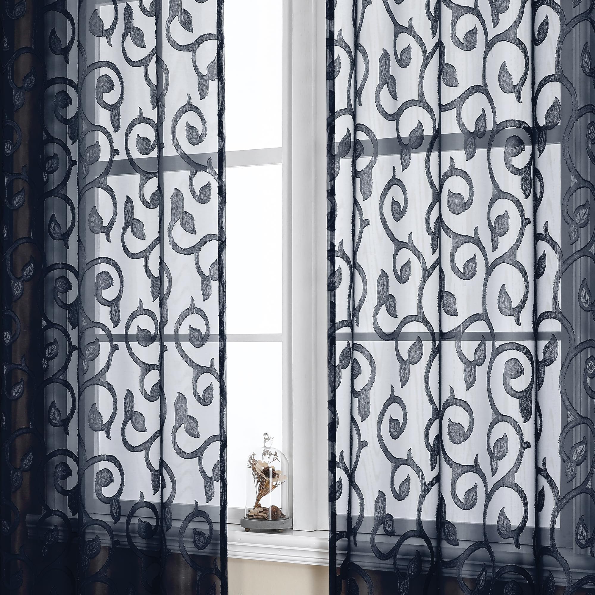 OWENIE Furman Sheer Curtains 84 inches Long for Bedroom Living Room 2 Panels Set, Clip Jacquard Solid Navy Blue Semi Sheer Curtains, Light Filtering