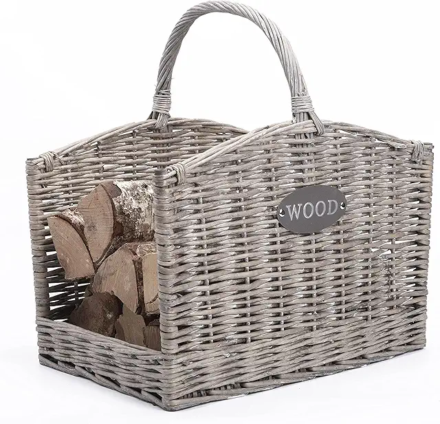 Large Rustic Grey Wicker Log Basket - Heavy Duty Wood Storage
