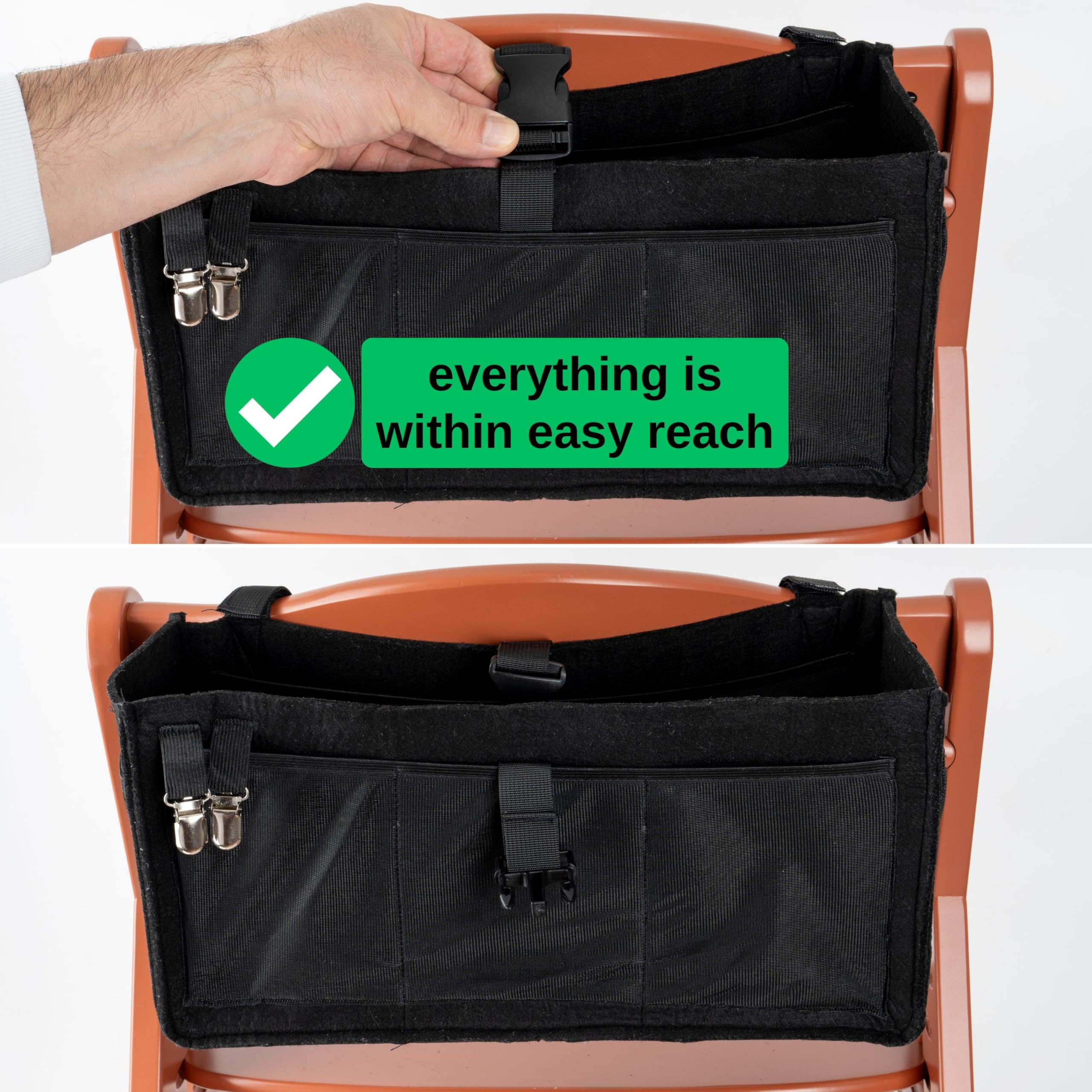 Organizzatore per seggiolone, 1 set, in feltro, nero, adatto a tutte le marche e a tutti i modelli, con tante tasche per organizzare gli oggetti del bambino, borsa appesa per il seggiolone