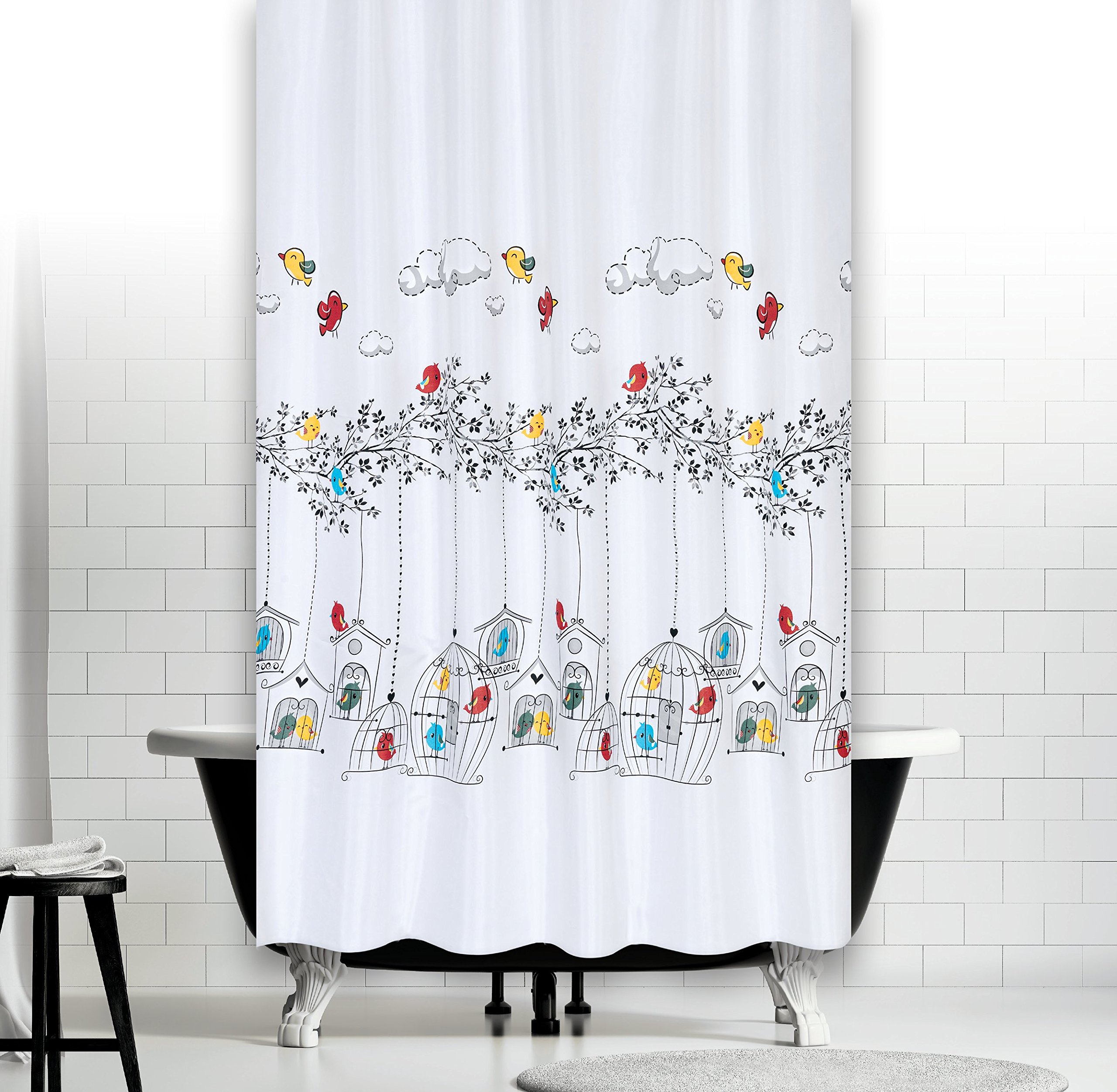 Tropik Home Multicolor Beytug Quality Extra Long Polyester Fabric Bathroom Shower Curtain - 180 X 200Cm (71" X 78") Birds