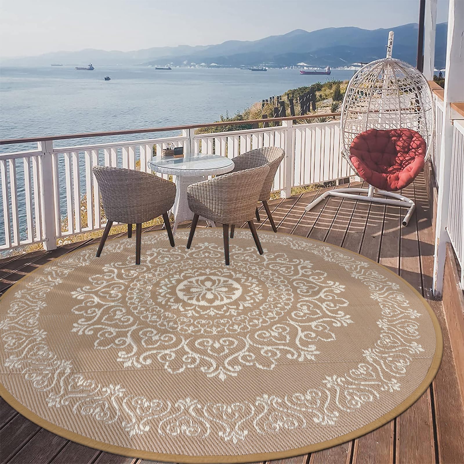 Pauwer Waterproof Outdoor Rug 6ft, Reversible Plastic Straw Patio Camping Rug, Indoor Outdoor RV Mat Carpet for Deck, Camper, Porch, Balcony, Backyard, Picnic, Floral Brown