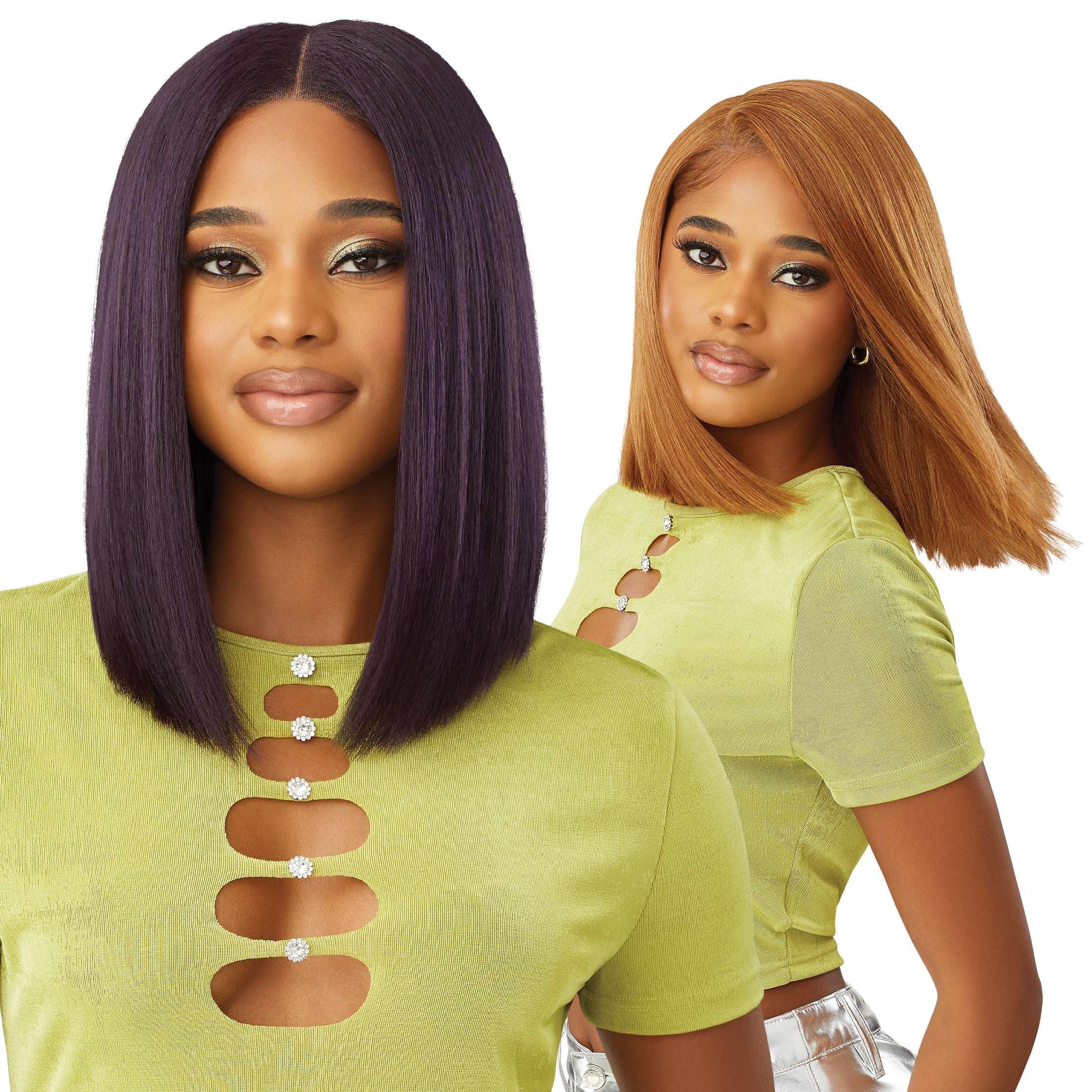 Outre 6X5 Pre-Cut Lace Closure Wig - Human Hair Blend - Yaki Straight Bob 14" (DARK BROWN 2)