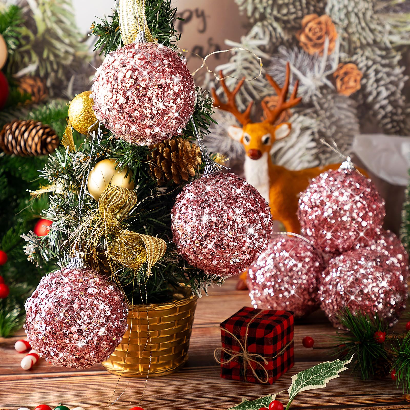 Liliful 24 adornos de bola de Navidad de 3.15 pulgadas con purpurina, decoraciones de árbol de Navidad, adornos colgantes grandes de Navidad para árbol de Navidad, boda, hogar, mesa, fiesta,