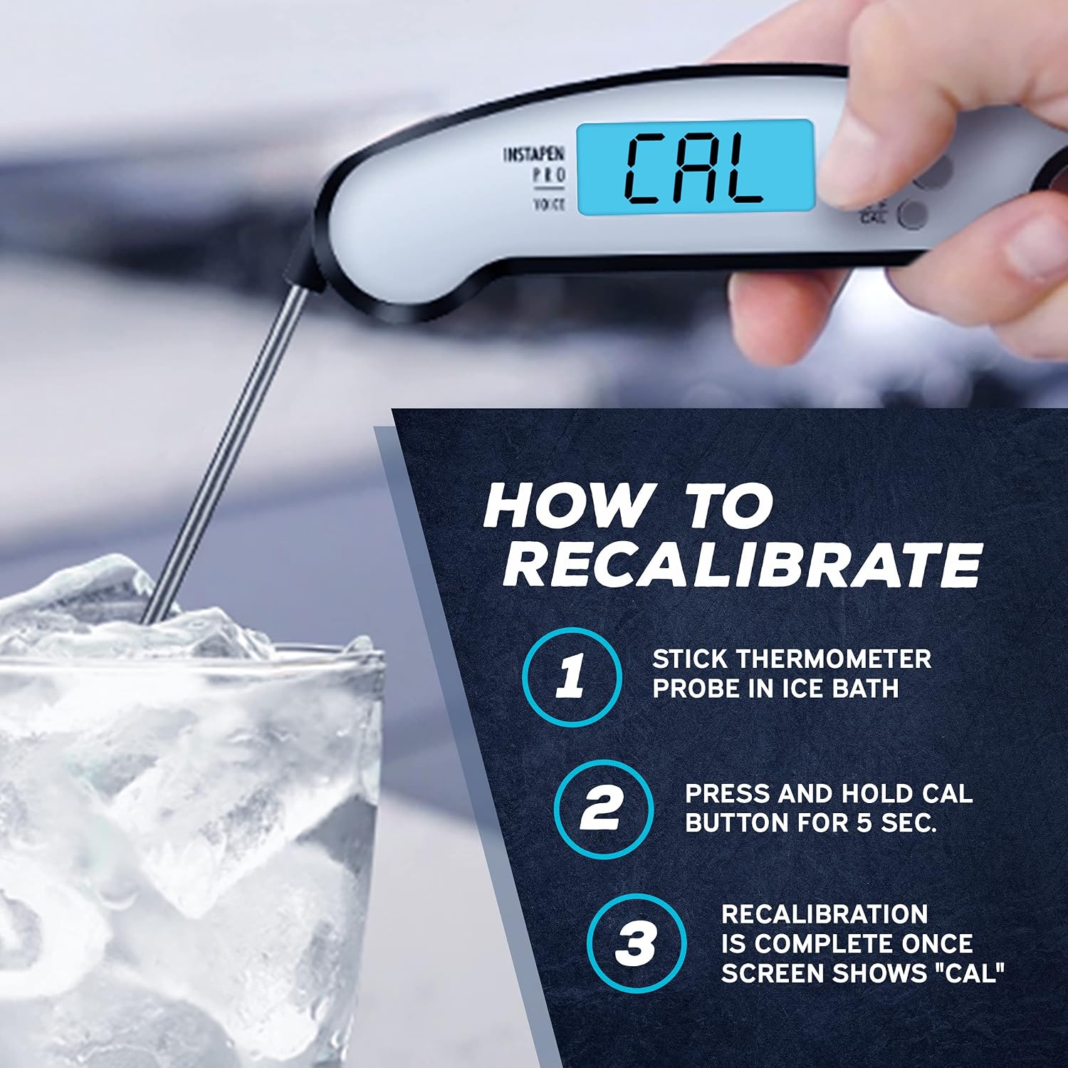 Images showing the thermometer stored magnetically on a refrigerator and hanging on a hook with kitchen utensils.