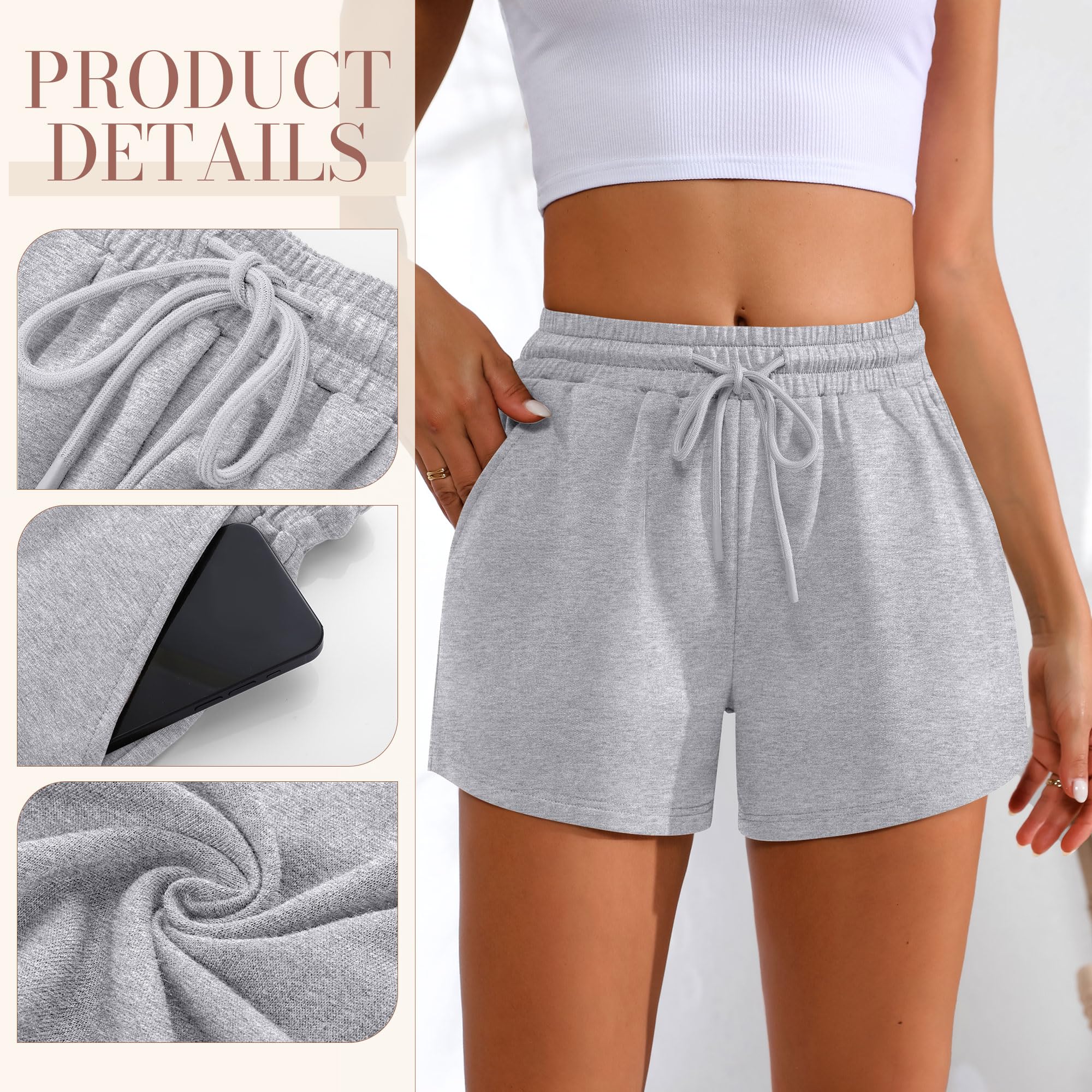 Neer Paquete de 4 pantalones cortos deportivos para mujer, casuales, cómodos, con cordón, cintura alta, con bolsillo, para verano, 2025