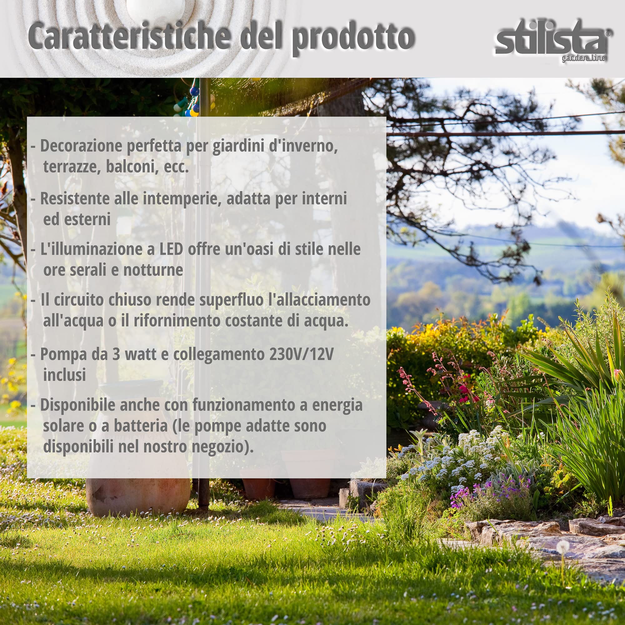 STILISTA Fontana da giardino con cascata in pietra, 47 x 28 x 25 cm, con illuminazione a LED, pompa inclusa