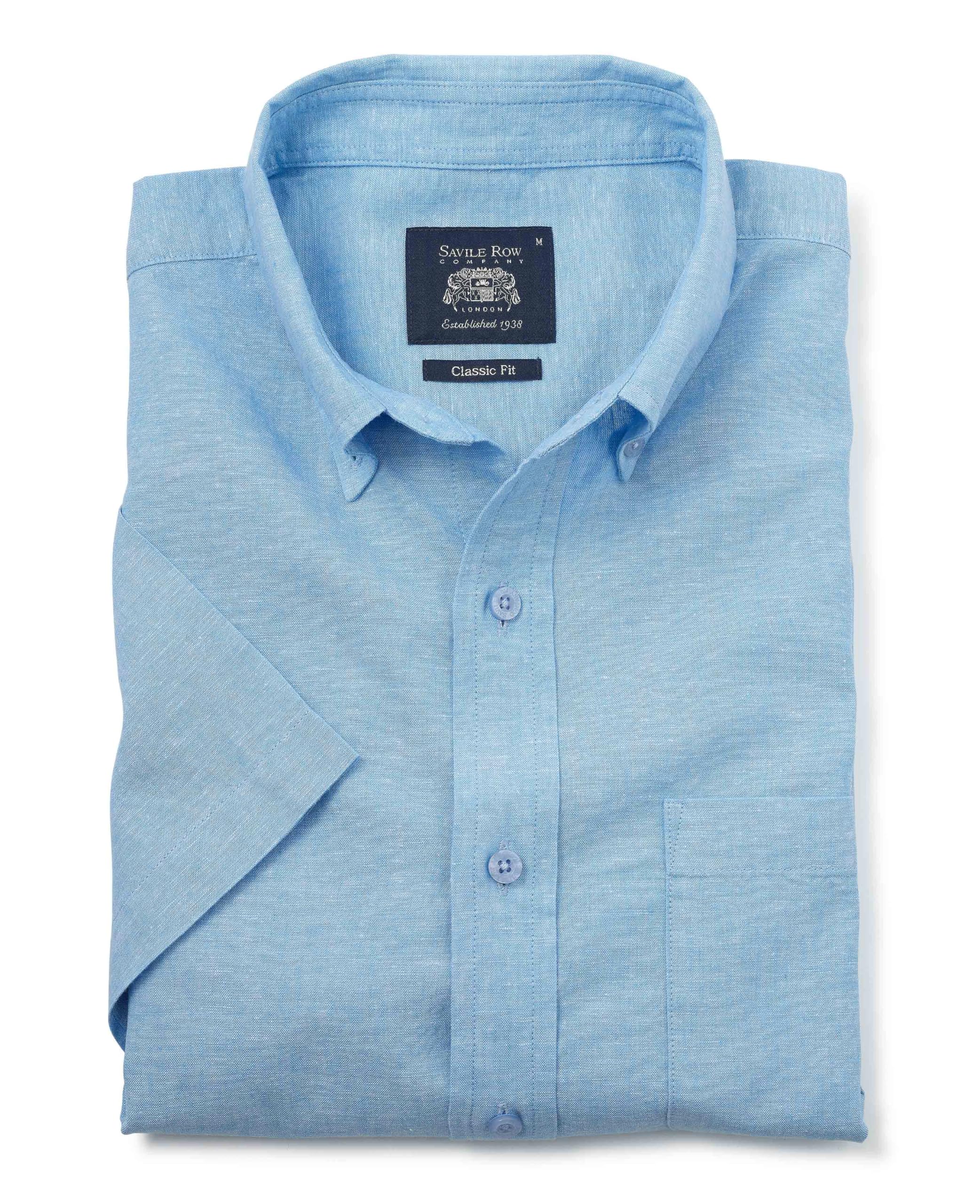 The Savile Row Company London Men's Pale Blue Classic Fit Linen-Cotton Blend Short Sleeve Casual Shirt - 3XL