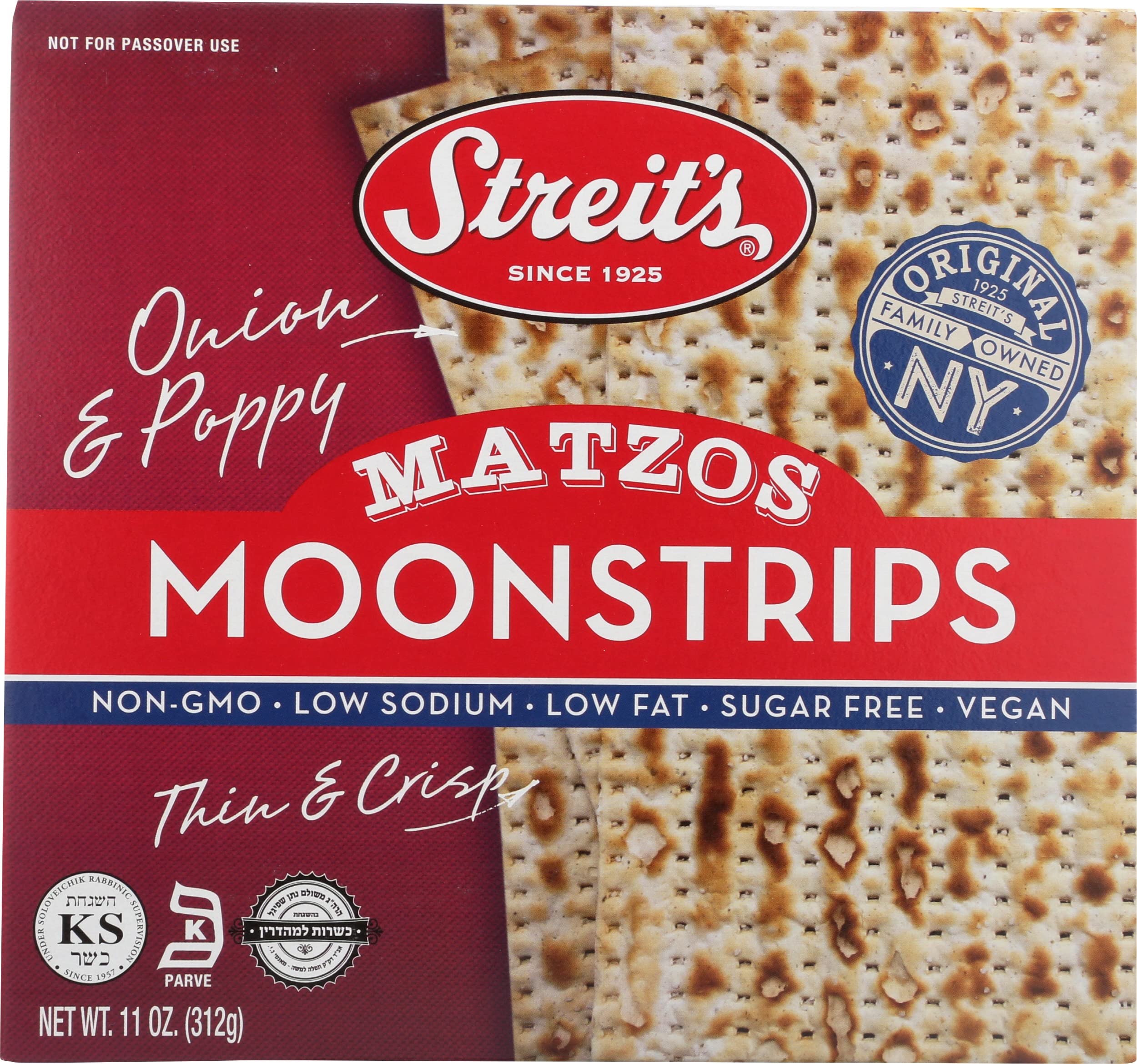Streit's Moonstrip Onion & Poppy Matzo, Vegan, Zero Sugar, Non-GMO, 11 Ounce (Pack of 12)