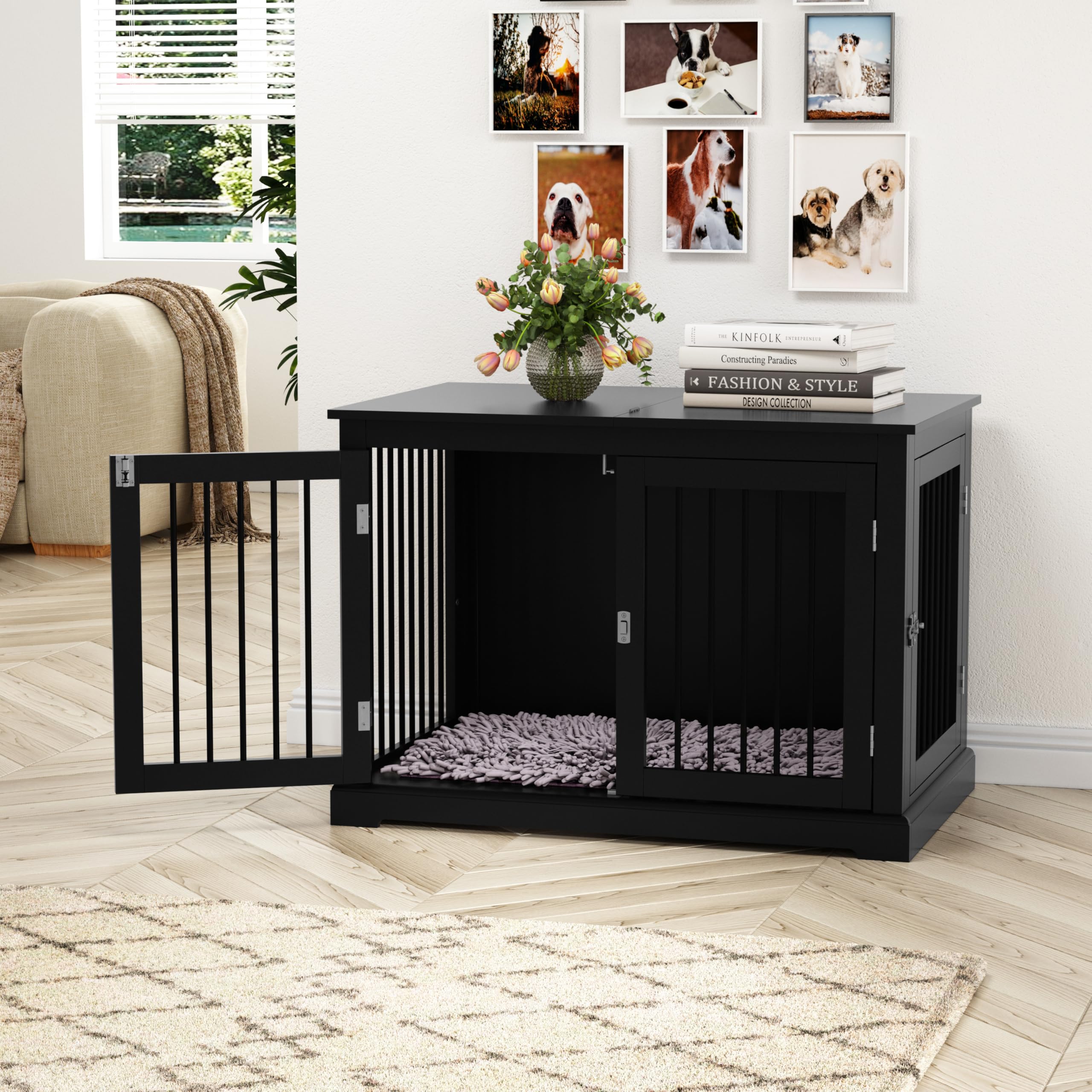 HOLTICO Hundebox für Zuhause, Hundekäfig Möbel mit Kissen, Hundehaus, Hundekäfige für große Hunde, Möbelstil Hundebox mit Klappdeckel, Schwarz（L）