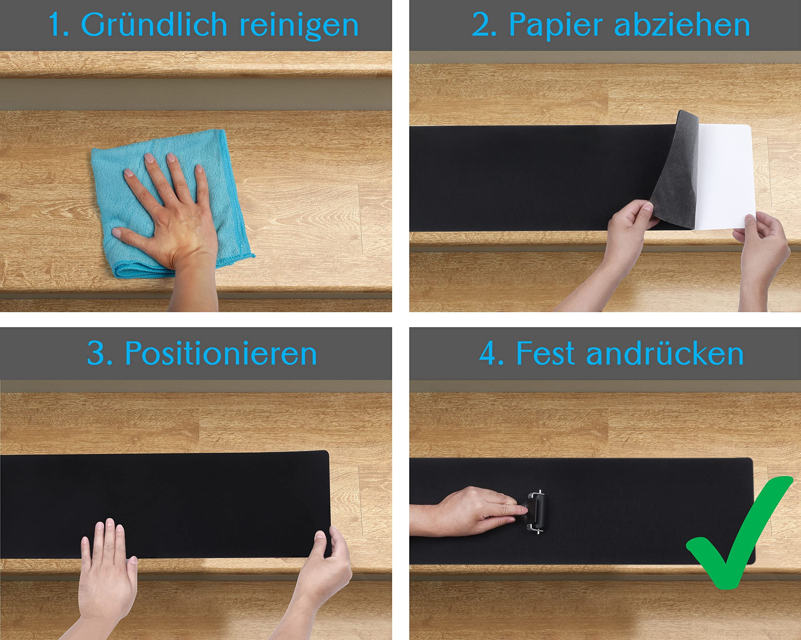 Treppenstufen Matten modern 15er Set, 75x20 cm groß Filz selbstklebend | Stufenmatten innen 15 Stück Teppich Treppenstufen Treppenteppich selbstklebend Treppen Teppichstufen schwarz