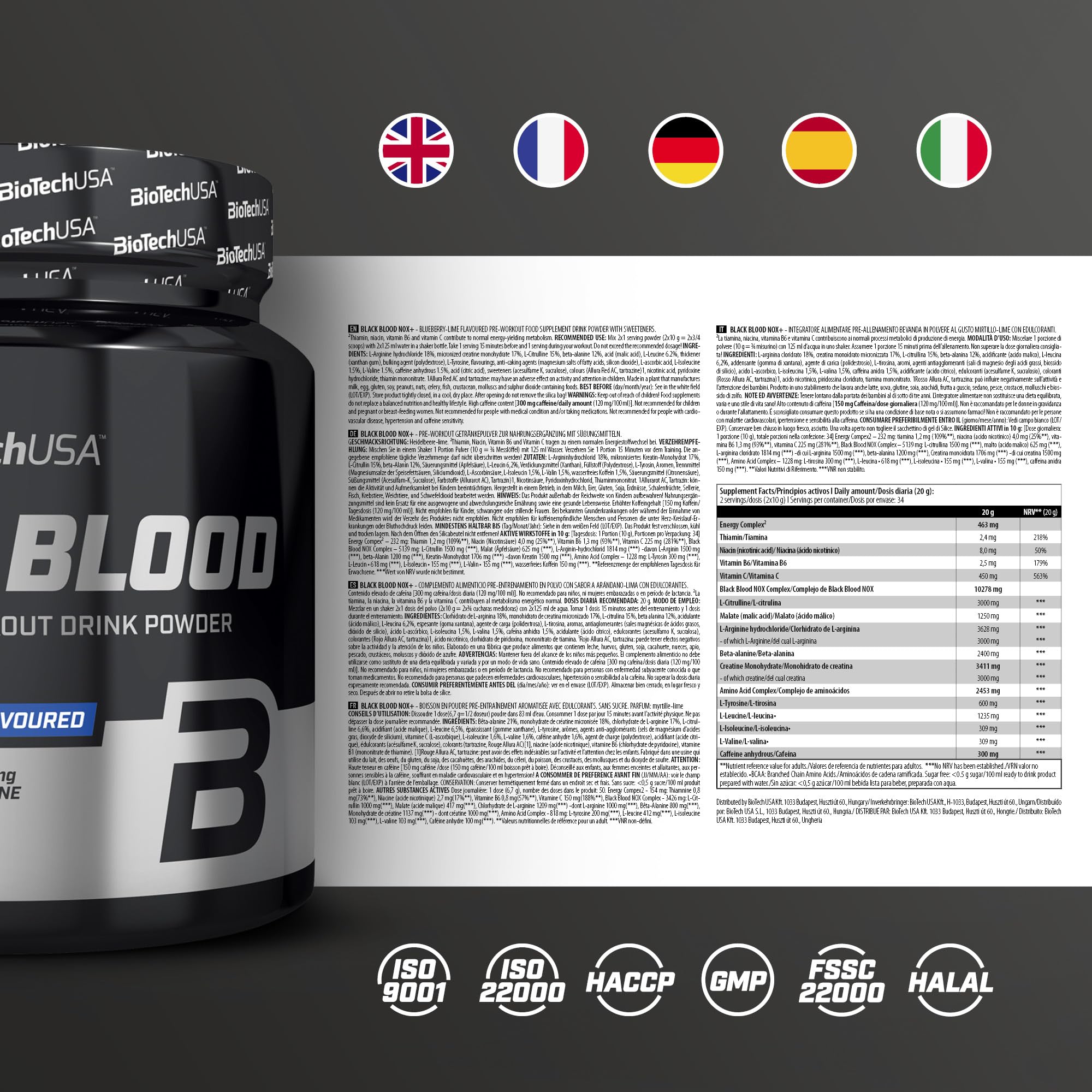BioTechUSA Black Blood NOX+ | Pré-entraînement avec créatine & caféine | Citrulline, arginine & bêta-alanine | Vitamines B & C pour réduire la fatigue | Sans sucres | 340 g | Myrtille-lime