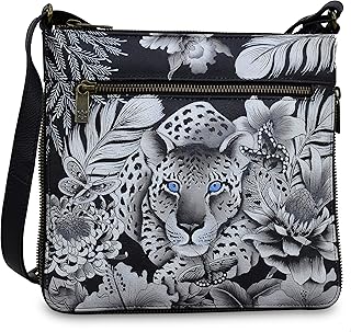 Anuschka Women’s Hand Painted Genuine Leather Expandable Travel Crossbody - Cleopatra's Leopard