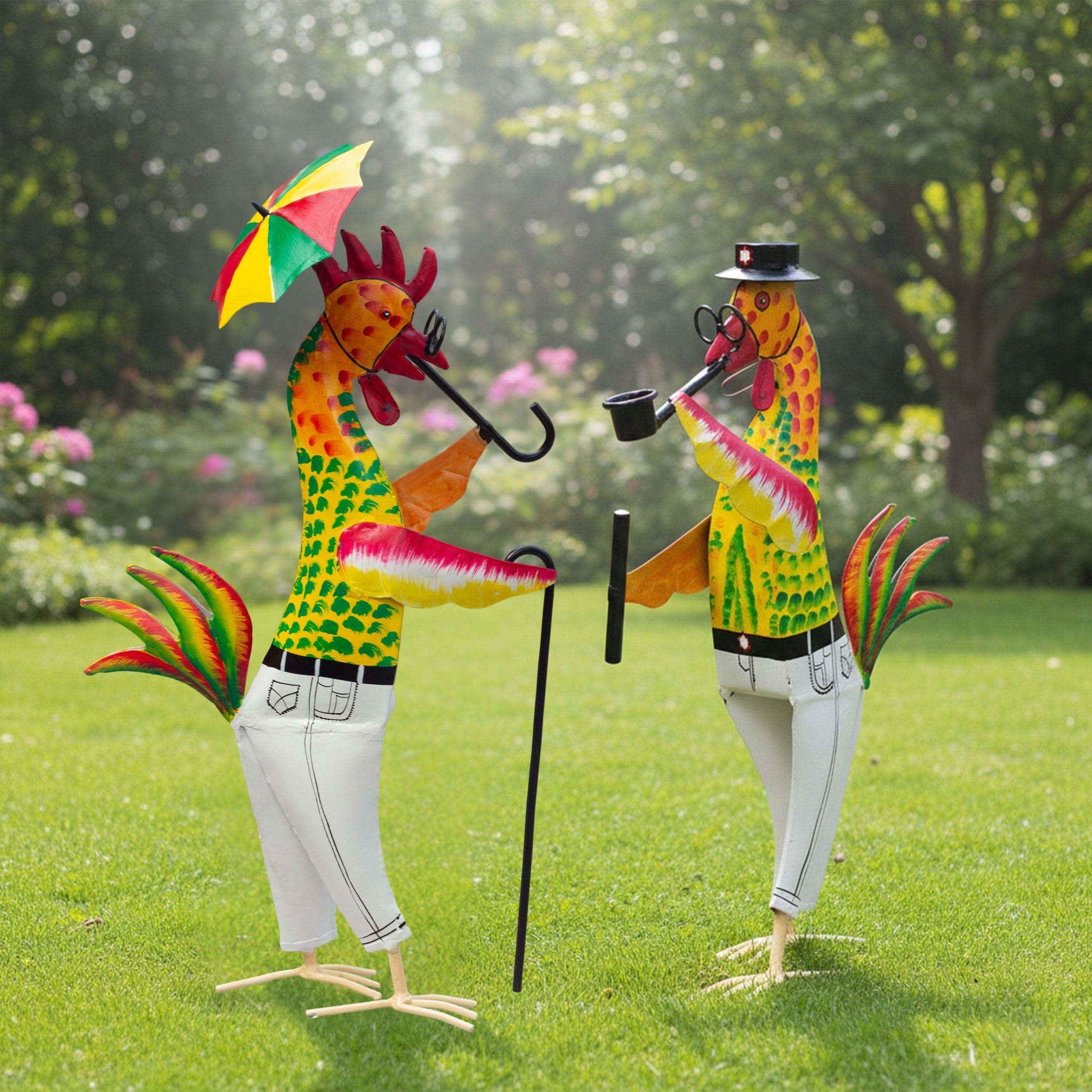Metal Gentleman Rooster Garden Decor Set of 2 | Iron Chicken Yard Art Statues for Lawn Patio Balcony Home Kitchen Decor Gifting (Gentleman Roosters)-image-5