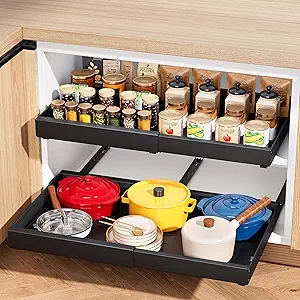 Pull Out Drawers for Kitchen Cabinets, 21" Deep, (12.6"-21.3") Expandable Cabinet Drawers Slide Out with Adhesive, Adjustable Deep Roll Out Cabinet Organizer for Pantry Pots Pans (Black-1 Pack)