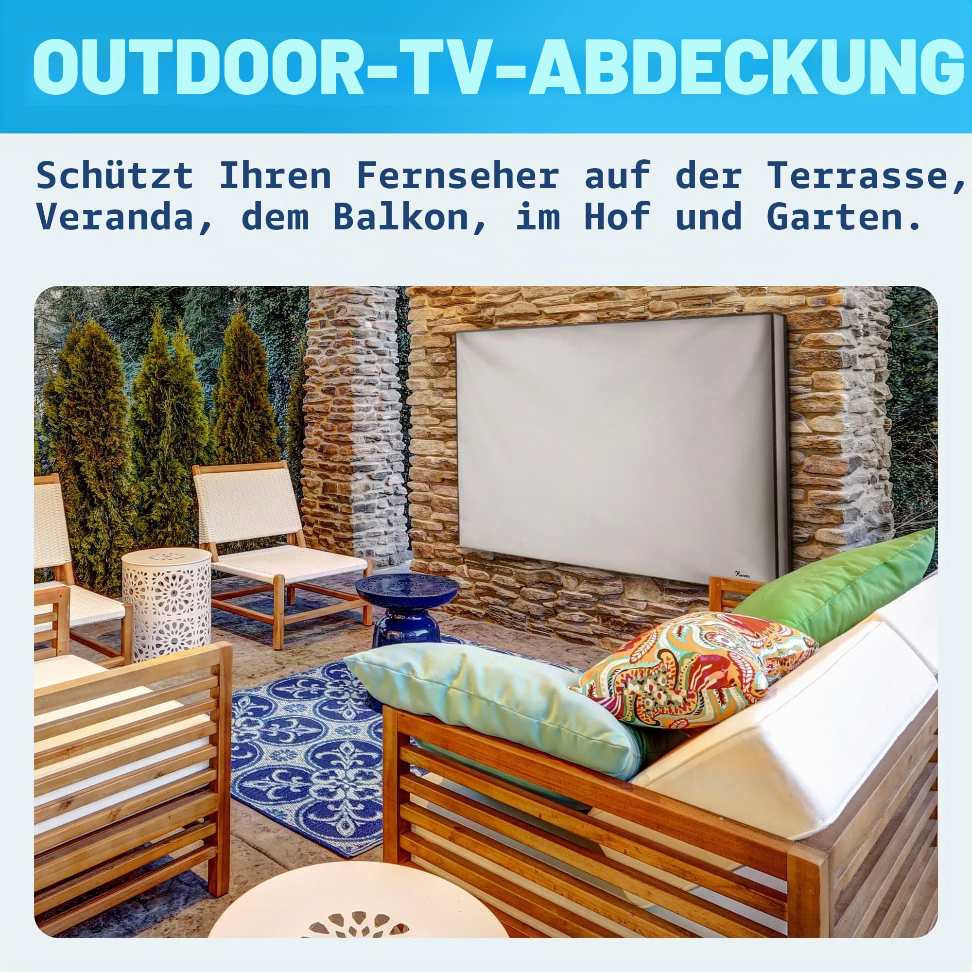 TV Abdeckung Outdoor 65 Zoll – Wetterfest Wasserdicht Staubdicht – Schutzhülle für Fernseher auf Terrasse, Balkon, Garten – UV-beständig – Robustes Oxford 600D