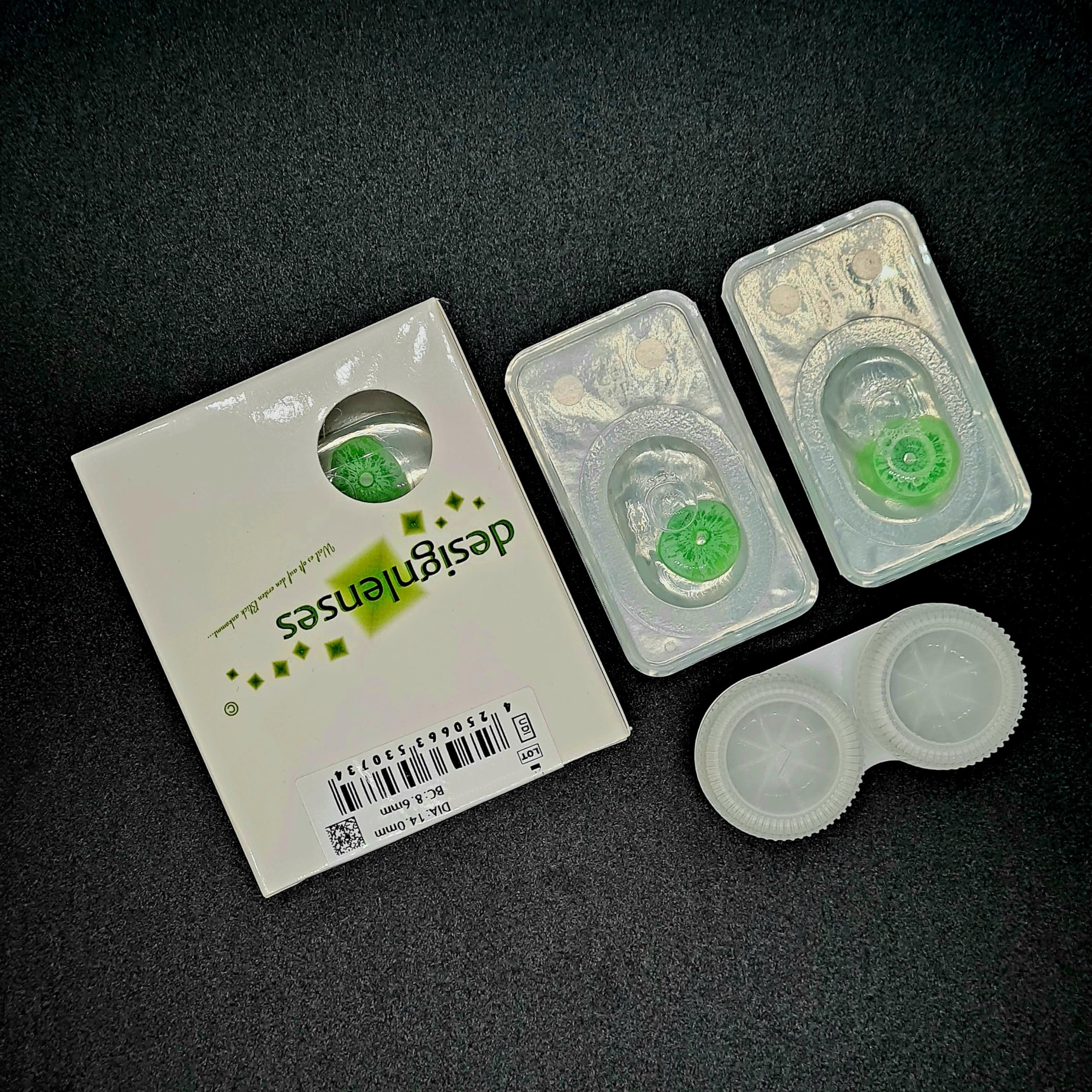 Dos luminoso (bajo luz negra) UV lentillas contacto, 1 par/2 pzs, fluorescente colores sin graduación + caso de lente „Sparkle" (Verde, 14.00, 0.00)
