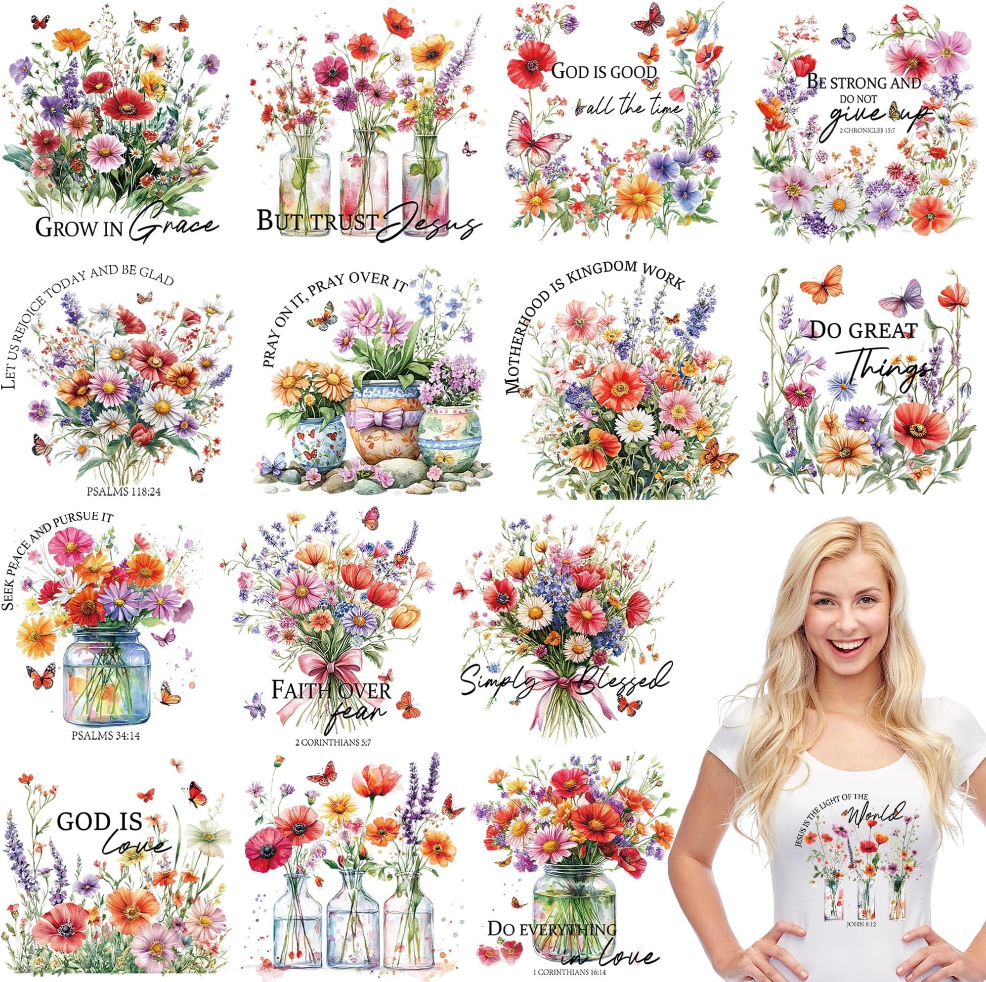 15-Pack Bible Verse Flowers DTF Transfers - Ready To Press Iron On Decals For T-Shirts, Hoodies, Bags (8x8 In) - View #6