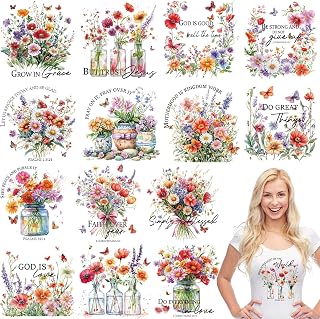 Flower Iron on Transfers for T-Shirts, 15 Pcs Bible Flower DTF Transfers Ready to Press, Vintage Iron on Patch Decals, Heat Transfer Vinyl for Bag Clothing DIY Craft