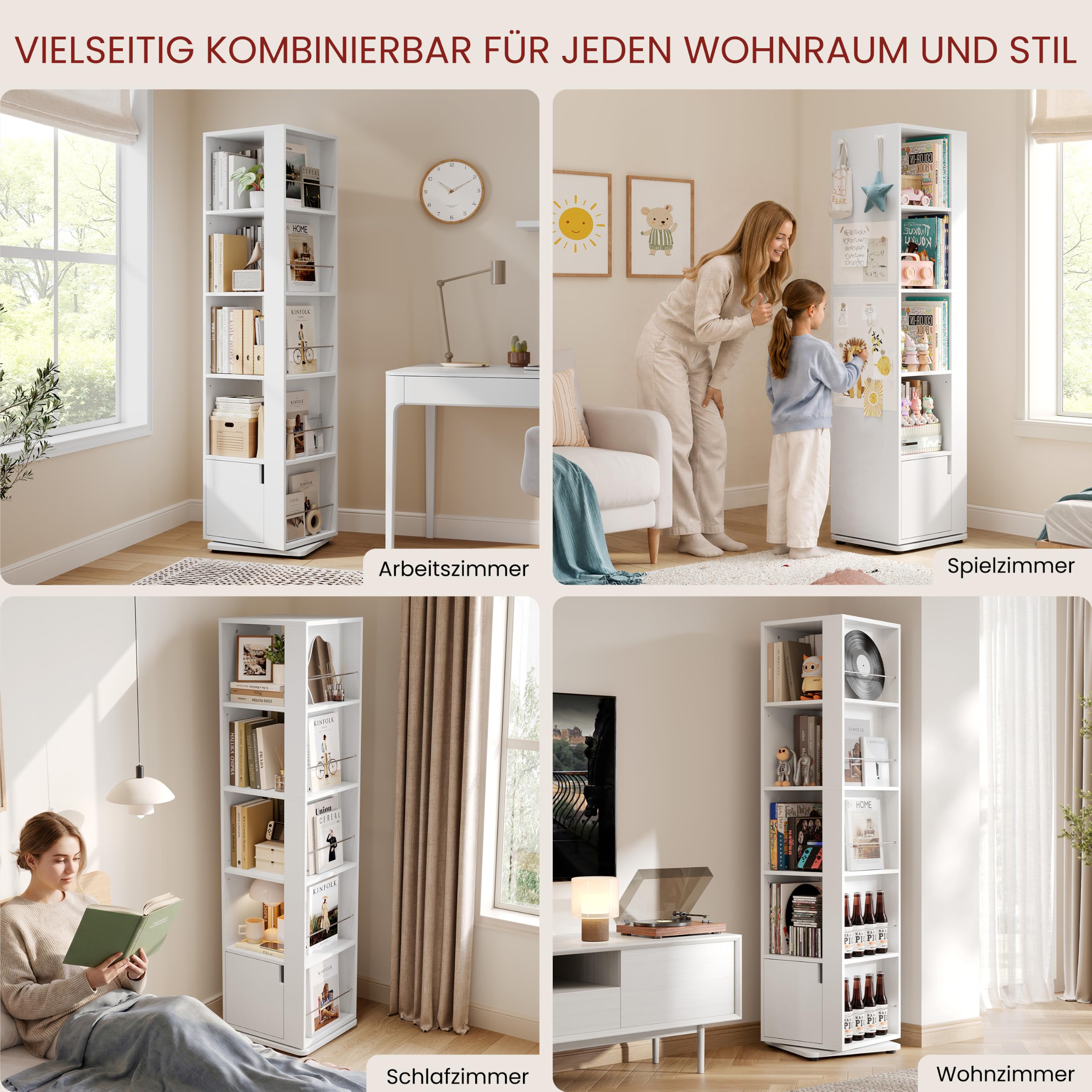 Yaheetech 5 Ebenen Drehbares Bücherregal 360 Grad, 20 Fächer Standregal, 42 × 42 × 169 cm, Drehregal Dekoregal Lagerregal mit Verstellbaren Einlegeböden, für Wohnzimmer, Schlafzimmer, Büro (Weiß)