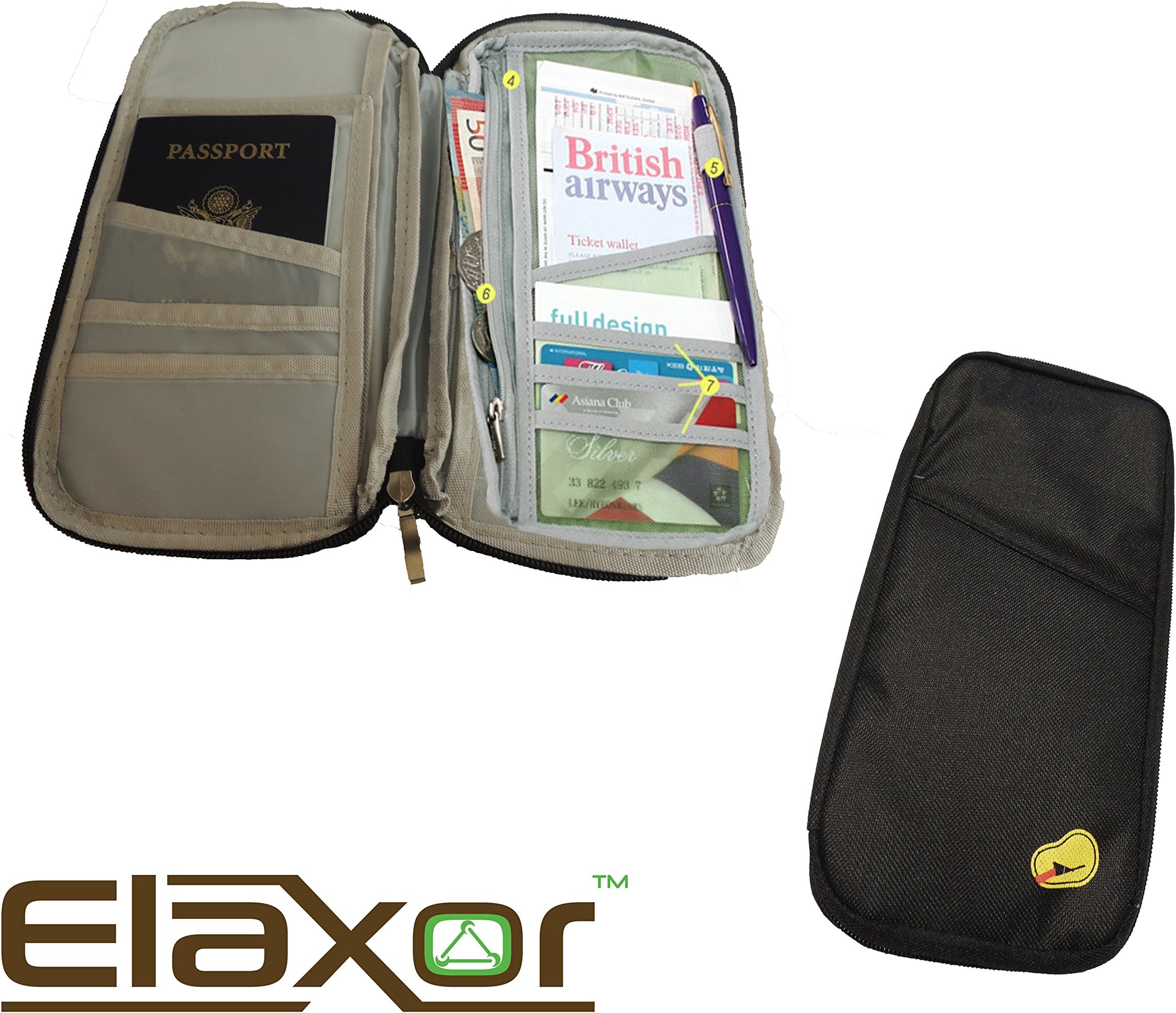 Elaxor Compact Waterproof Multi-Functional Zippered Passport, cards, cash and Travel Document Organizer Wallet Case (Black)