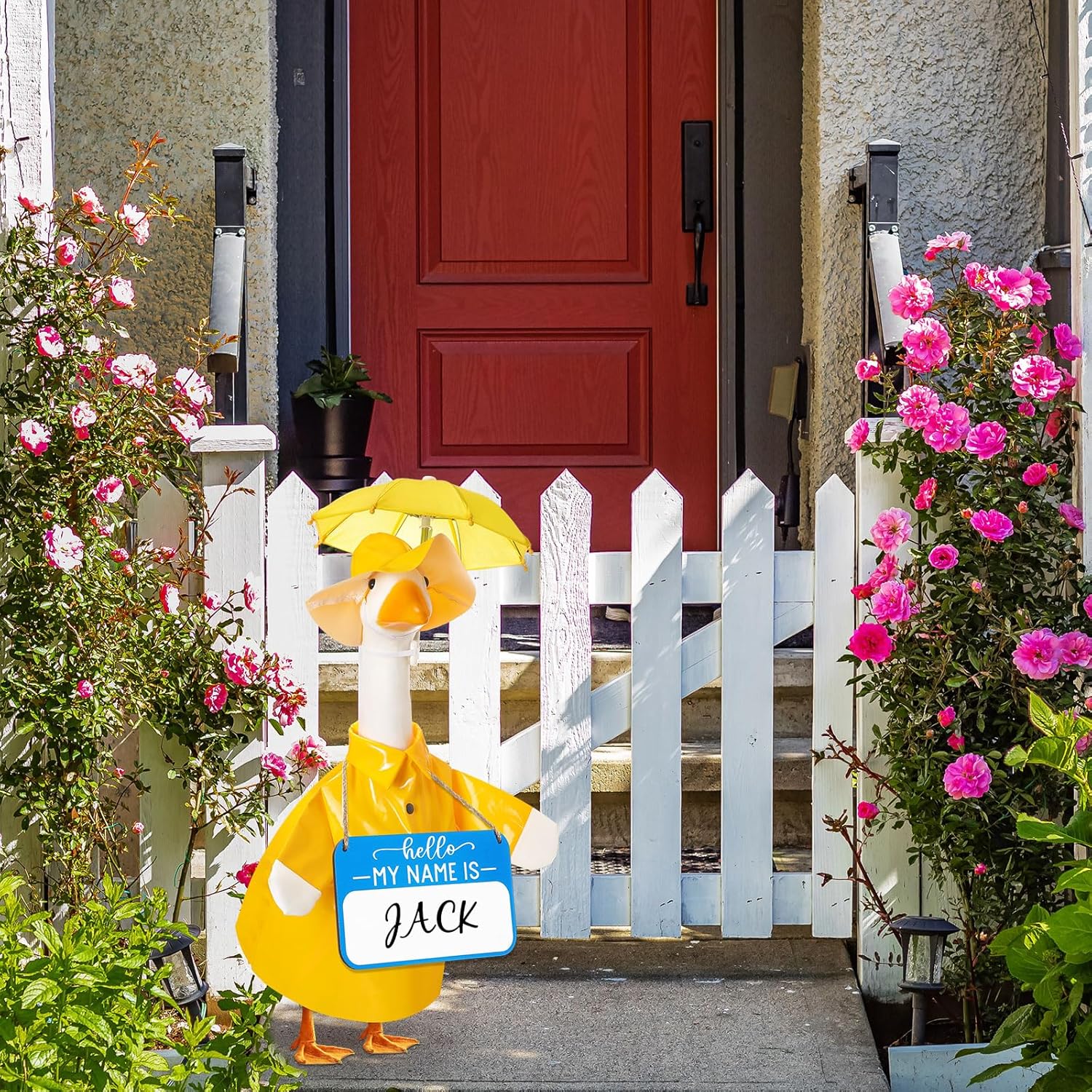 3 Pcs Raincoat Porch Goose Outfit Spring Raincoat Umbrella with Name Wooden Sign for Lawn Cement 23 Goose Statue Clothes Outdoor Patio Yard Lawn Decoration(Classic,Yellow) - Image 6