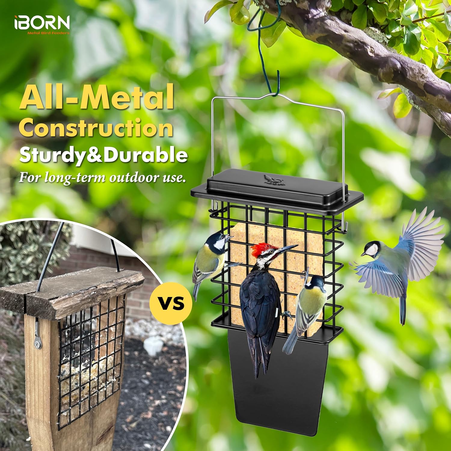 iBorn Deck Hook for Bird Feeder,360° Rotatable Arm, 28 Inch, Pack of 1 + Metal Suet Feeder with Tail Prop Heavy-Duty Woodpecker Feeder,Black,1 Pack