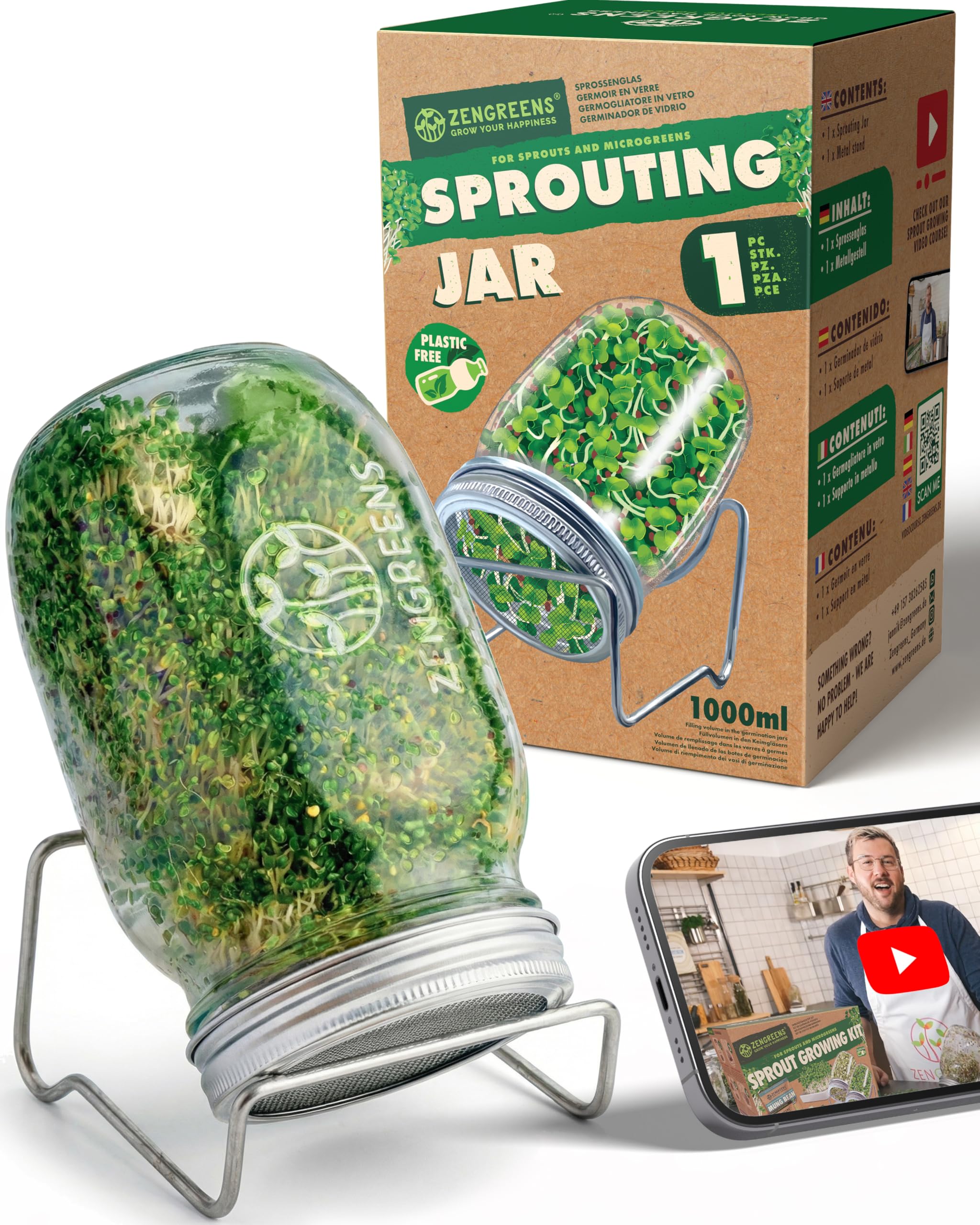 zengreens® Kit de germoir pour graines à germer – Lot de 1, 2 ou 3 bocaux à pousses – Comprend Bocal à germes et Support en métal – Contient Guide et vidéo-Cours de Culture