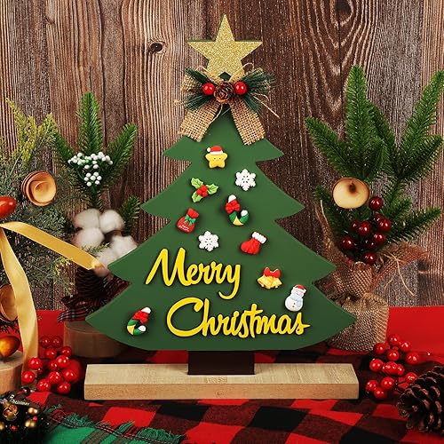 Miniatura 8 de Hedeey Árbol de Navidad de madera de 13 pulgadas con letrero de Feliz Navidad, centros de mesa con base y 10 pequeños adornos de Navidad para