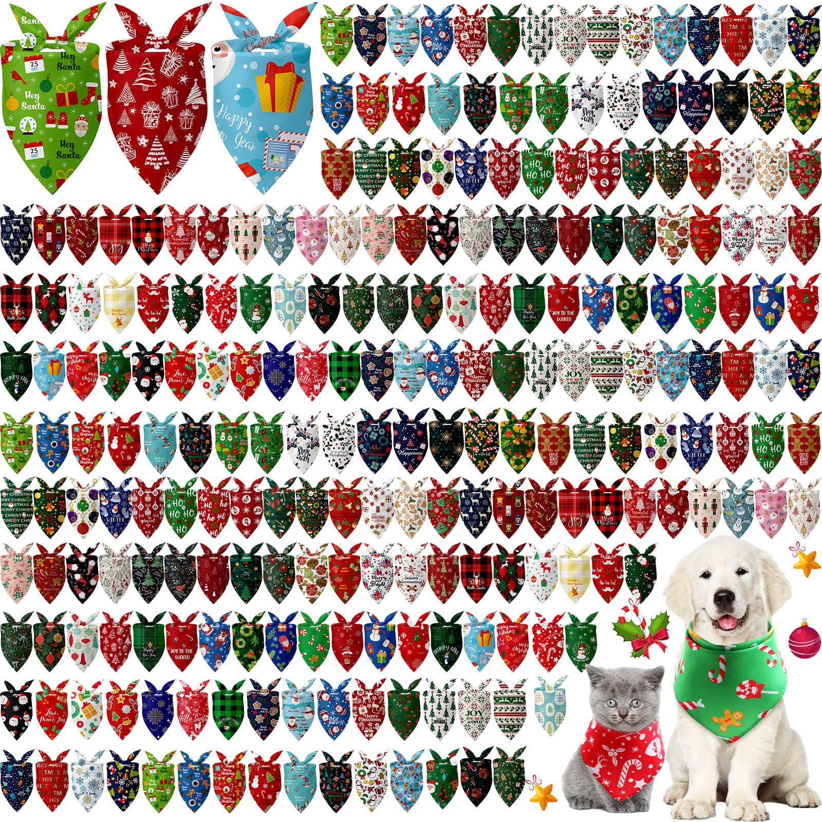 Kacctyen 300 Pcs Christmas Dog Bandanas Bulk Adjustable Winter Holiday Scarfs Washable Santa Snowman Christmas Tree Pet Bibs