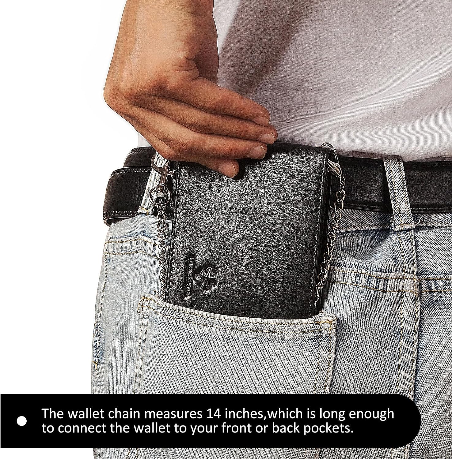 Mens Wallet with Chain, RFID Blocking Genuine Leather Bifold Wallet Minimalist With 2 ID Window (Black)