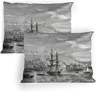 Ambesonne Antique Pillow Sham Set of 2, Departing from Elba Vintage Engraved Illustration History of France Sails Vessels, Quality Microfiber Bedding Item for All Seasons, 36