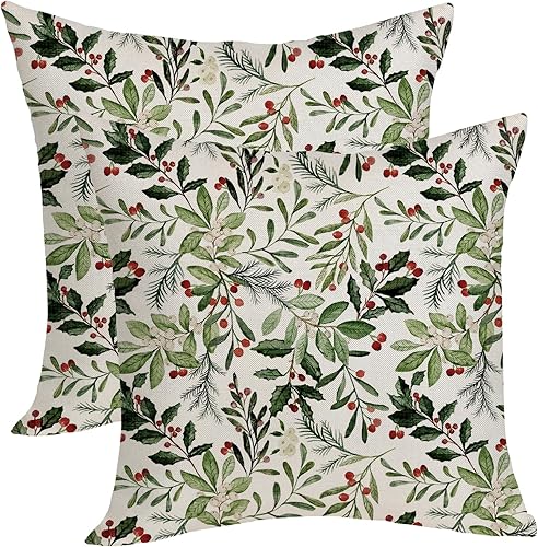 Miniatura 8 de Juego de 2 fundas de almohada de Navidad de 18 x 18 pulgadas, color negro, blanco, gris, a cuadros, verde, decoración de Navidad, funda de cojín de