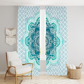 Bless International Beautiful Indian Bohemian Psychedelic Hippie Ombre Window Curtain Panels for Bedroom, Living, Balcony Green Passion Flower 38x83 Inches96x210 Cms