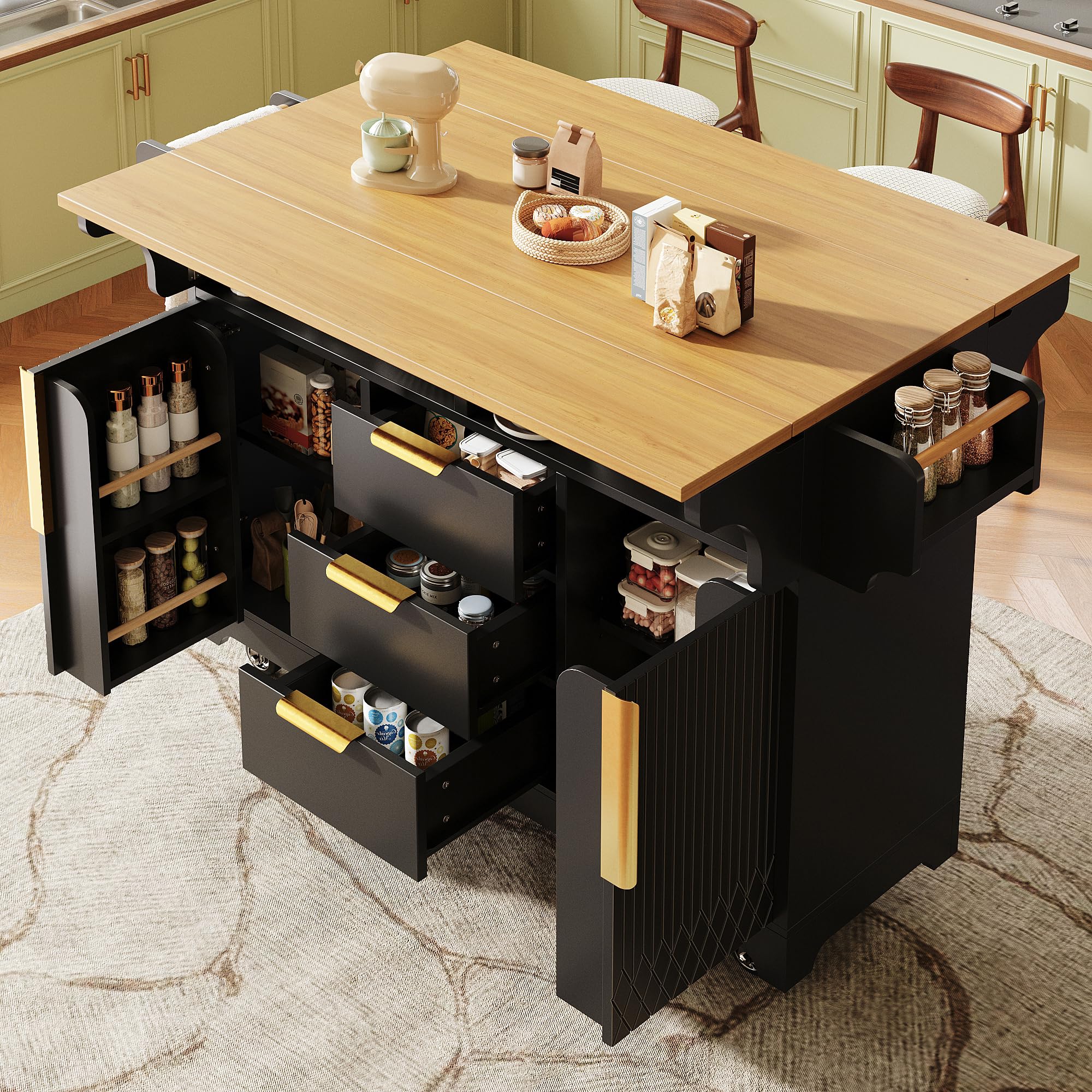 Isola da cucina multifunzionale con estensione tavolo da pranzo, ante con motivo verticale, vano portaoggetti con cassetti, piano pieghevole su entrambi i lati, credenza da cucina su ruote