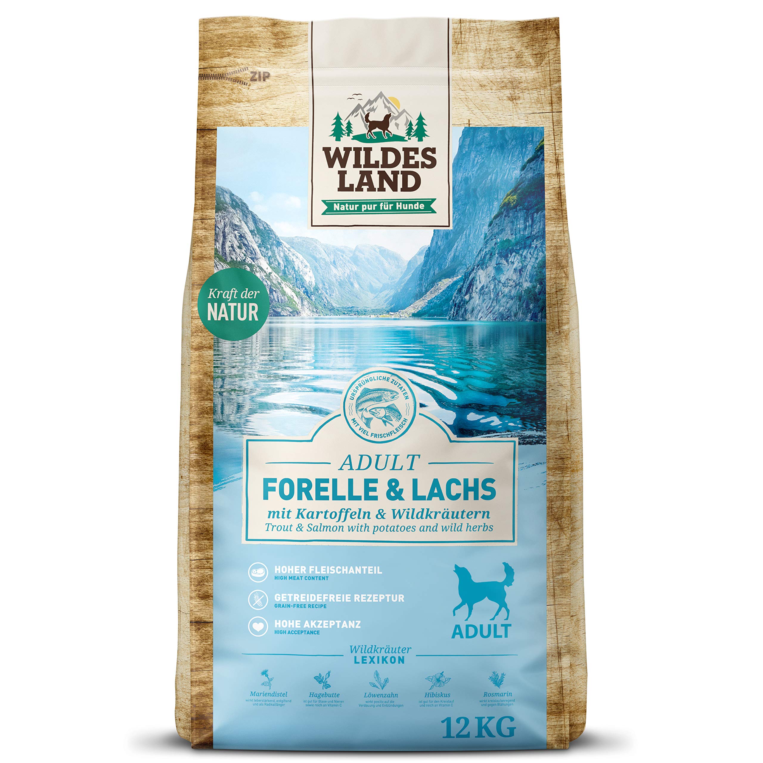 WILDES LAND – Lachs | Trockenfutter mit extra hohem Fleischanteil und natürlichen Zutaten für ausgewachsene Hunde. Alleinfutter ohne Zusatzstoffe im Beutel | 12kg Lachs