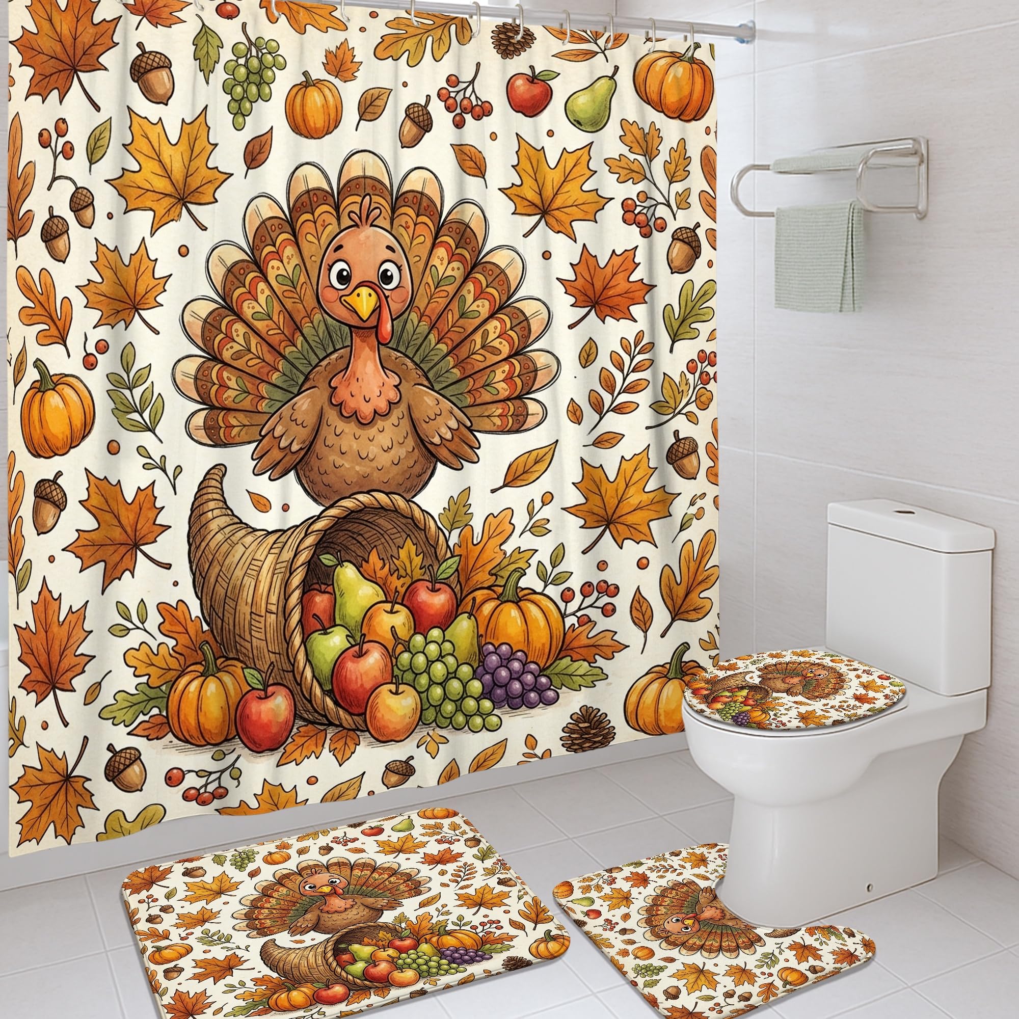 Ensemble de rideaux de douche motif Turquie orange 183x183 cm pour baignoire