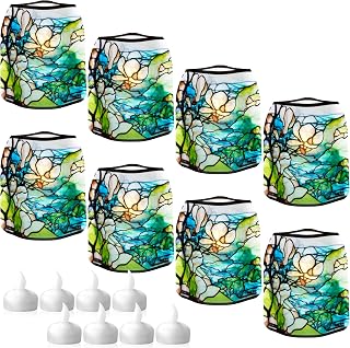 MODGY Luminary LED Lantern Candle Holder Decorative Indoor Outdoor, Plastic Candle Lamps for Wedding Table Centerpiece Porch, Flameless Floating Candles, Mag Landscape, Louis C. Tiffany, 2 Packs of 4