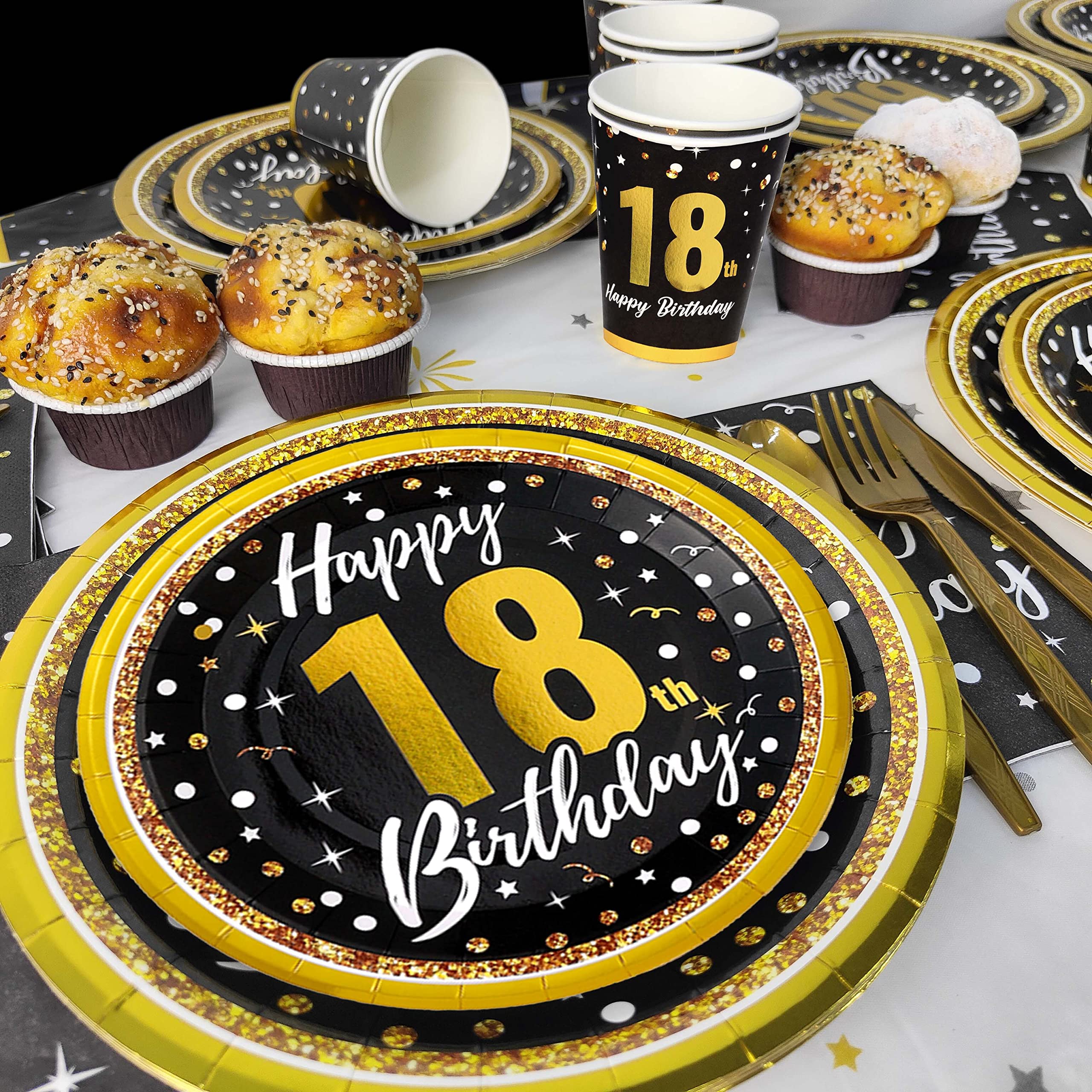 18th birthday decorations for boys girls - (Total 169pcs) black gold Birthday supplies Plates and Napkins, Cups, Knives, Forks, Spoons Included, tablecloth, Disposable Tableware for 24 Guests incomplete