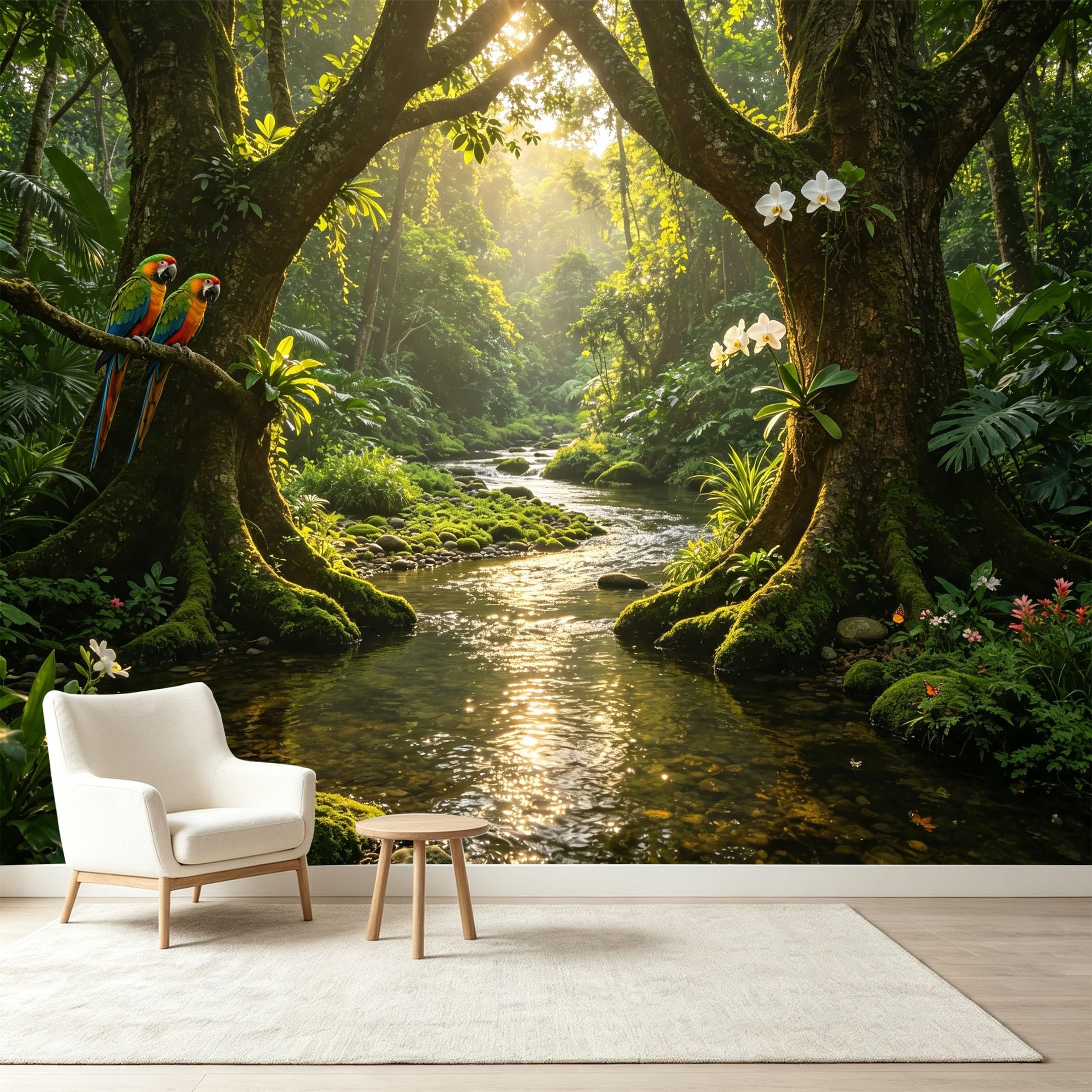 Custom Size Wall Murals Tropical Jungle Rainforest Stream Parrots Exotic Orchids Self-Adhesive Wall Fabric Removable Wallpaper Wall Decor for Living Room Bedroom Bathroom