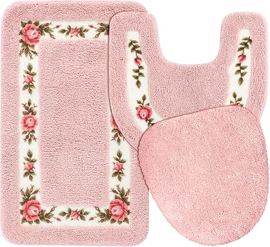 Drydiet 3 Pcs Rose Flowers Bathroom Rugs Set Coquette Room Decor Floral Bath Mat U Shaped Toilet Rug Non Slip Absorbent Floral Bath CarpetPink