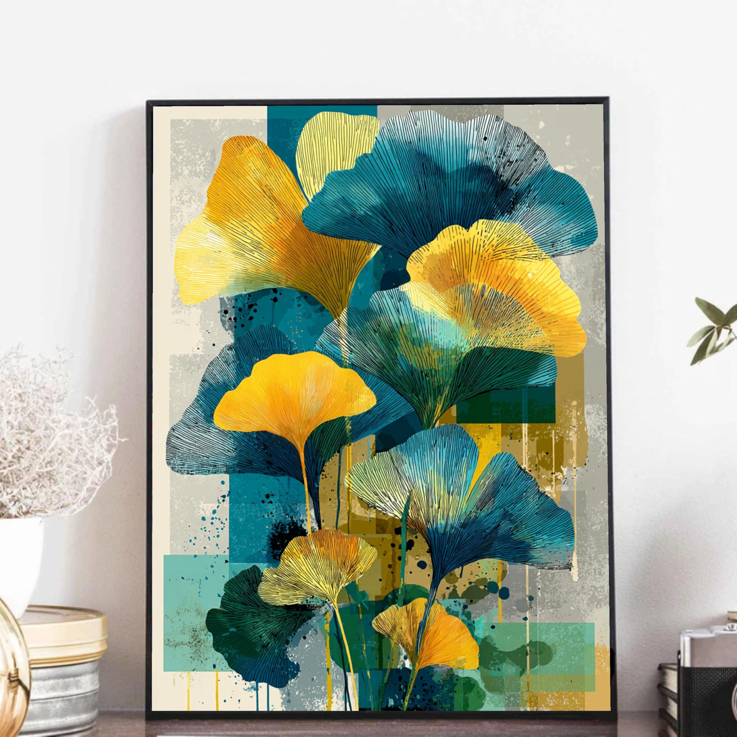 Tongyinli Frameless Abstract Ginkgo Leaf Art Painting, Blue Yellow Botanical Print, Large Canvas Wall Art, Oversized Posters(70X110cm/Frameless)